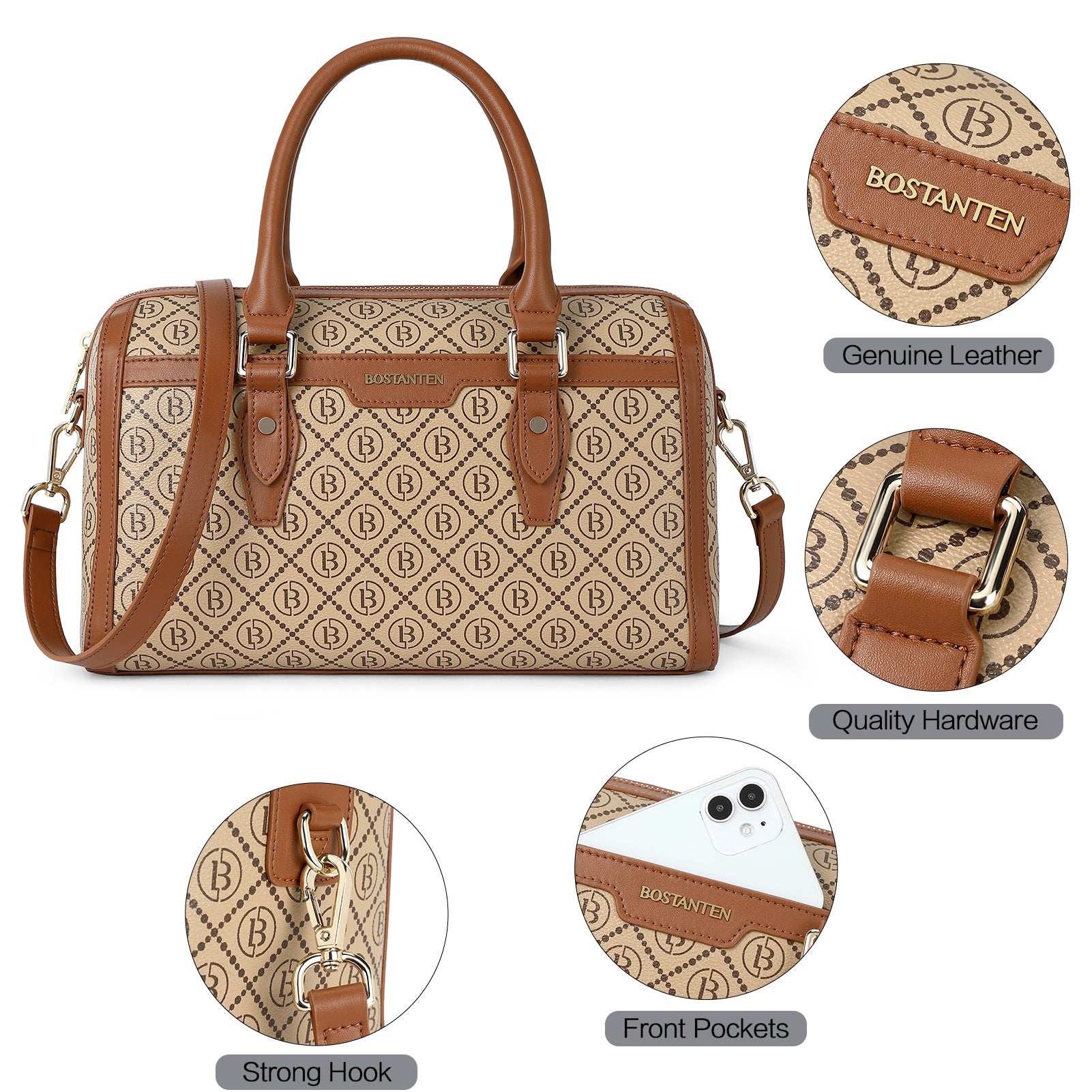 BOSTANTEN Women's Genuine Leather Tote Bag - Designer Top Handle Crossbody Purse for Work, Travel & Everyday Use