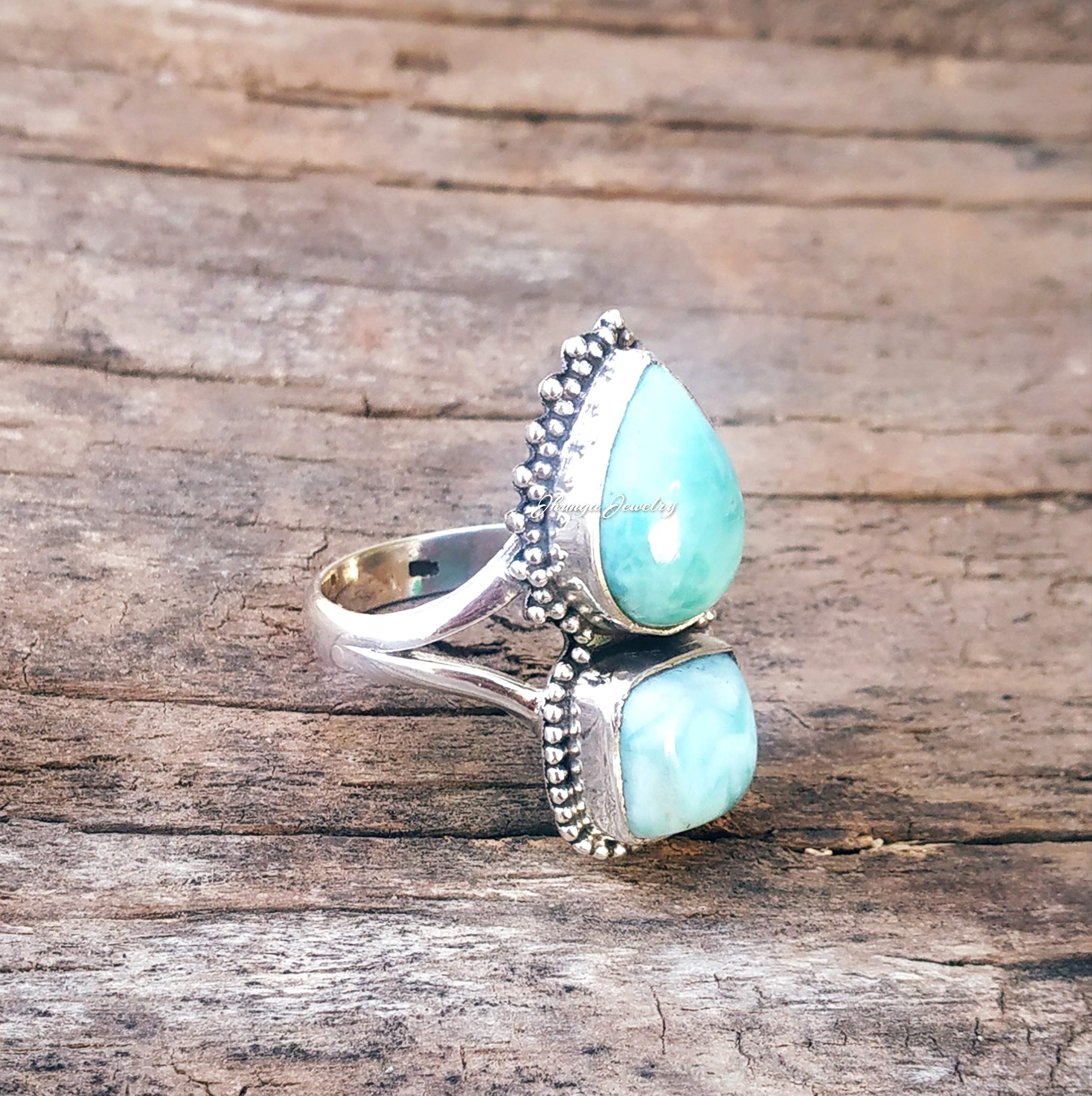 Larimar Ring Sterling Silver - Dominican Republic Stone Jewelry, Boho Vintage Style Promise Ring for Women, Unique Anniversary & Valentine's Day Gift - Perfect for Beach Weddings, Date Nights & Spiritual Healing