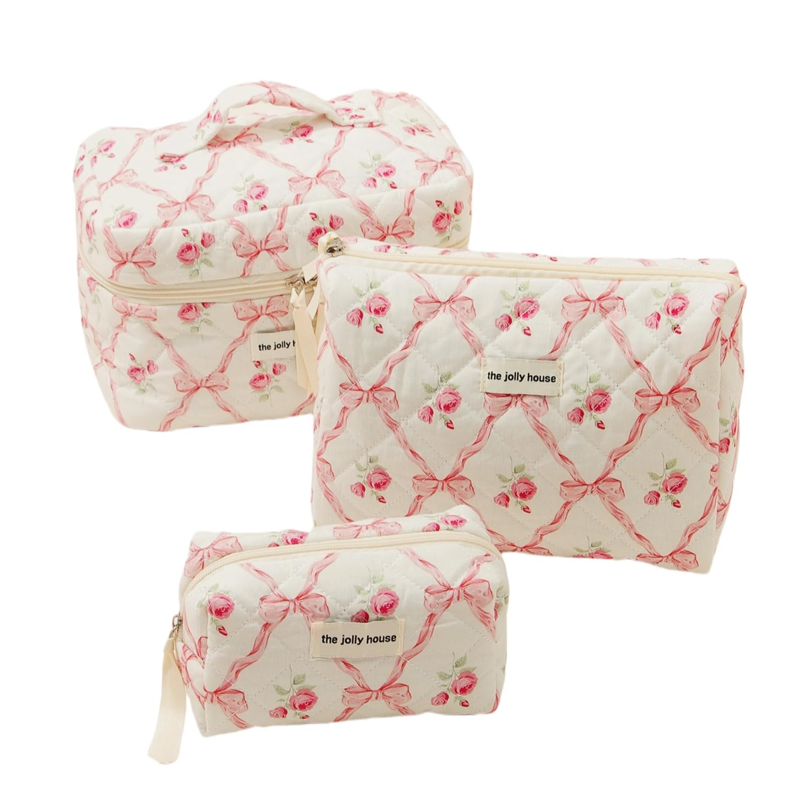 Floral Quilted Makeup Bag Set - 3 Pack Pink Bow Cosmetic Organizer for Travel & Toiletry