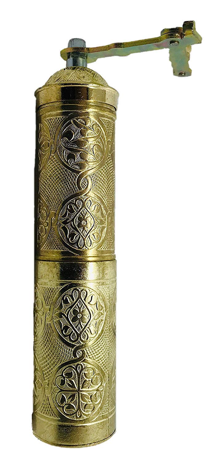Handmade Turkish Brass Coffee Grinder - Large Engraved Mill for Espresso, Turkish & French Press Coffee | Perfect for Home, Office & Travel Use