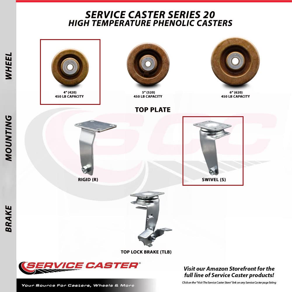 4 Inch Swivel Top Plate Caster Set with 2 Inch High-Temp Phenolic Wheels - Roller Bearing 1800 lbs Capacity (Set of 4) by Service Caster - Ideal for Industrial Equipment, Restaurant Carts & Heavy-Duty Furniture