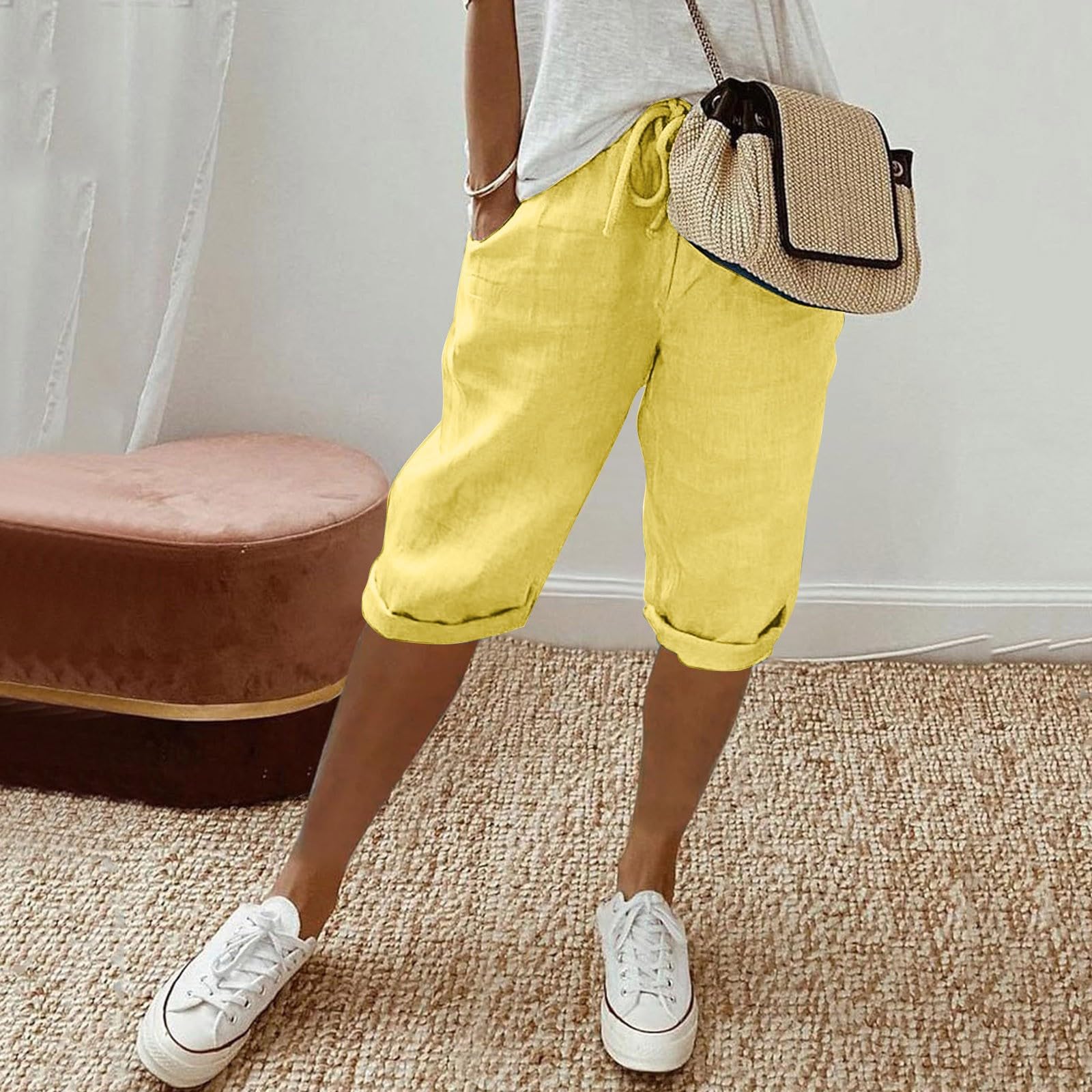 Women's Linen Bermuda Shorts with Pockets - Summer Casual Leaf Print for Beach & Travel