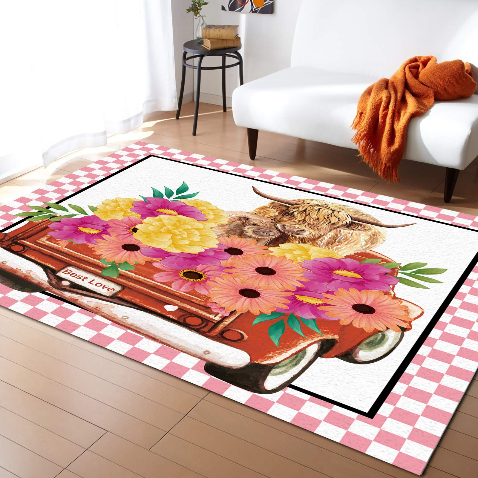 4'x7' Washable Area Runner Rug - Happy Mother's Day Floral Design for Indoor/Outdoor Use in Kitchen, Living Room, Bathroom, Bedroom, Classroom & Laundry Room - Farm Animal Cow Pink Buffalo Check Border Decor Rug