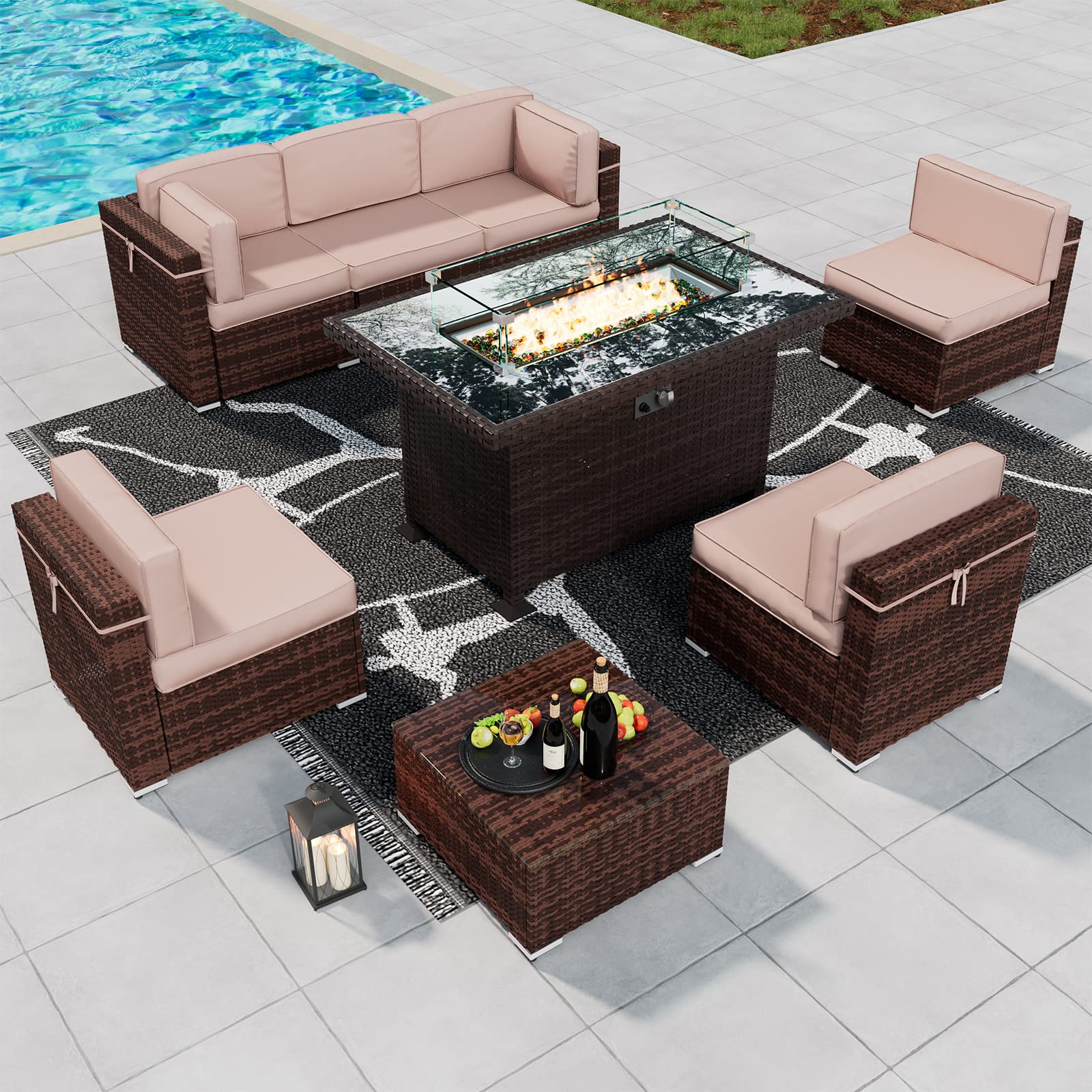 8-Piece Patio Set with Fire Pit Table - Rattan Outdoor Sectional Furniture Set w/ Glass Top Fire Pit, Coffee Table & 2 Waterproof Covers - Perfect for Backyard, Deck, Poolside & Garden (Khaki)