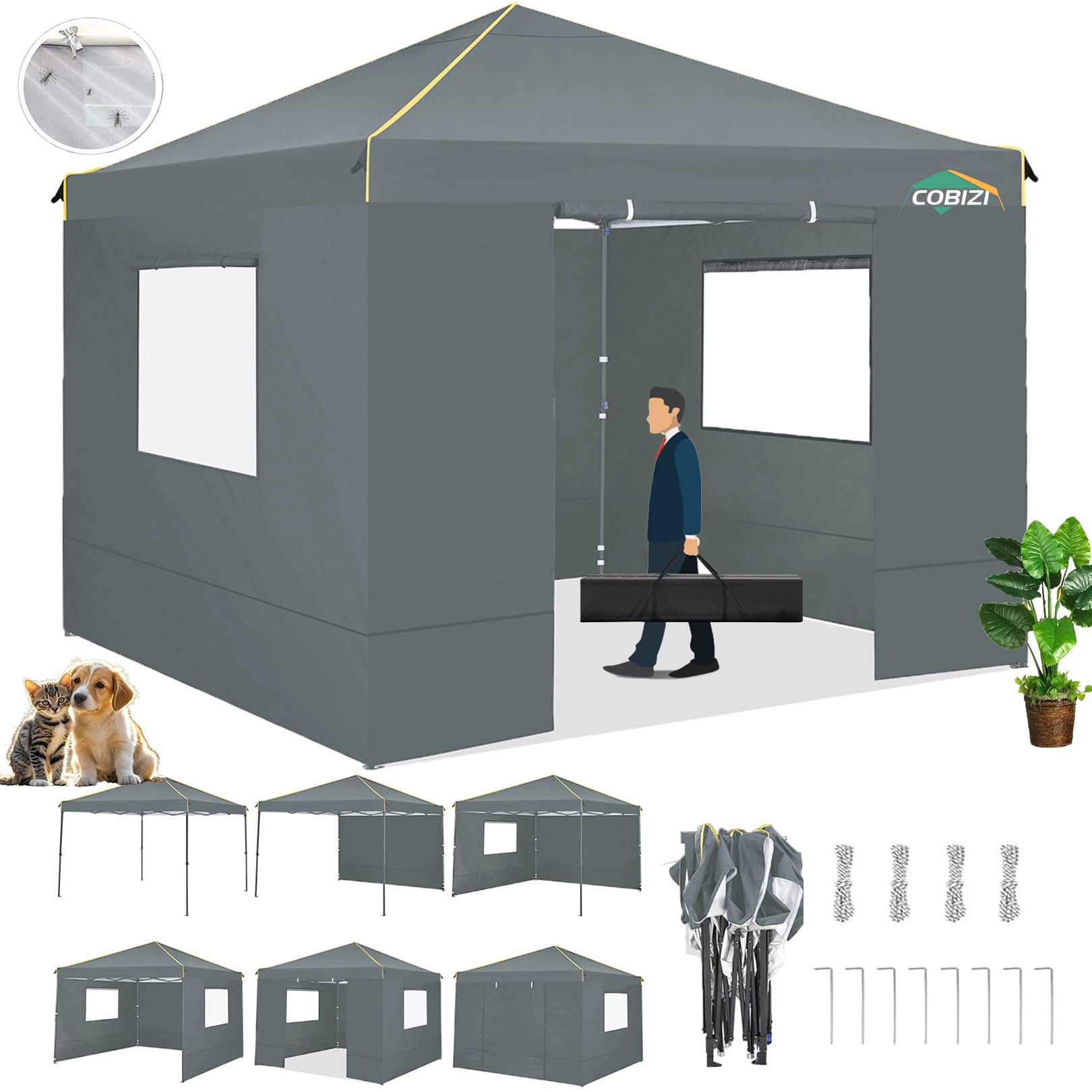 COBIZI 10x10 Pop Up Canopy Tent with 4 Sidewalls & Mesh Windows 2.0 - Waterproof Instant Gazebo for Outdoor Events, Parties, Exhibitions, Picnics - Includes Carry Bag, 4 Stakes & Ropes (Gray) - Perfect for Backyard BBQs, Farmers Markets, Beach Outings and Camping Trips