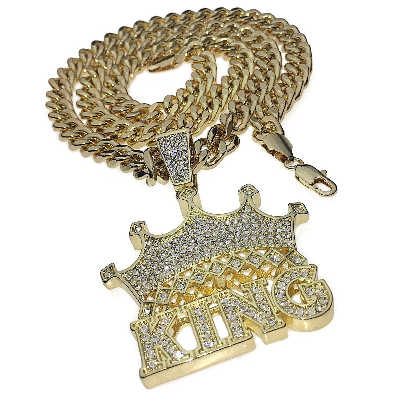 Men's Hip Hop Gold Plated Iced Out Crown King Pendant with 10mm 30 Inch Cuban Link Chain - Bling Statement Necklace for Rappers, Streetwear Fashion & Gift Giving