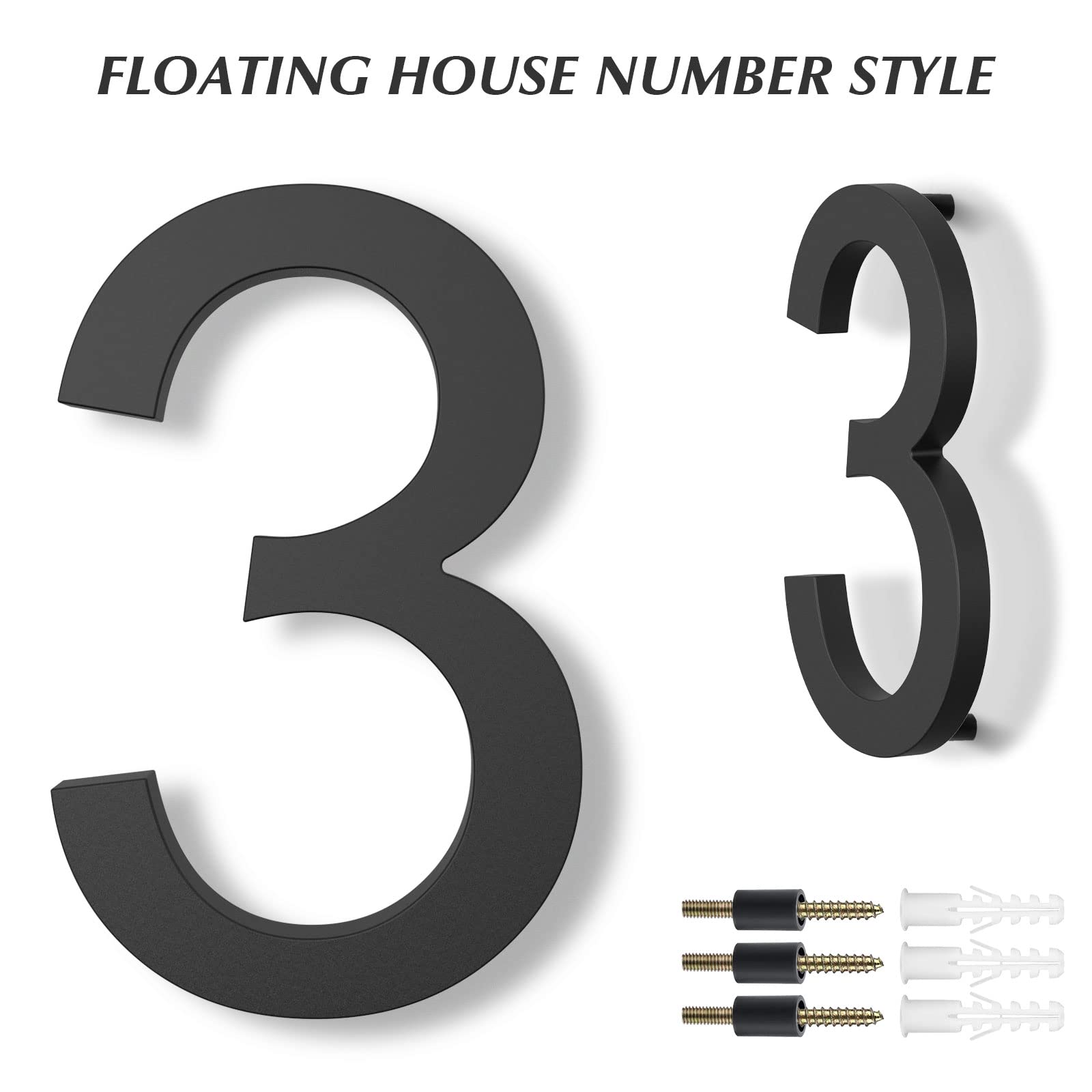 DEWEL 8 Inch Modern Floating House Numbers - Black Outdoor Address Plaque for Enhanced 911 Visibility with Installation Kit (Number 3) | Perfect for Mailbox, Front Door & Curb Appeal