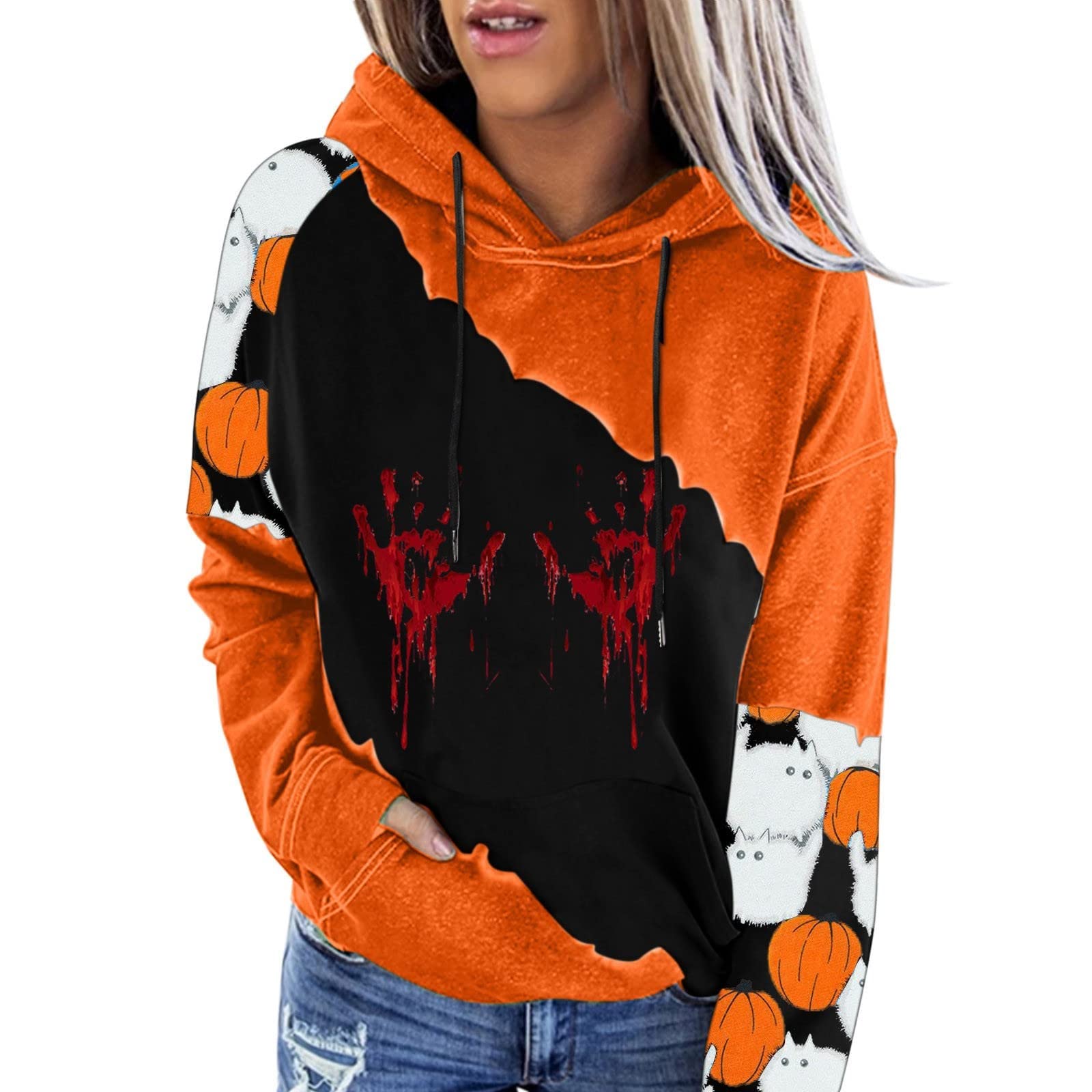 2022 Halloween Print Pullover Hooded Sweatshirt - Women's Casual Fashion Crop Top for Fall & Halloween - Perfect for Costume Parties, Trick-or-Treating & Seasonal Outfits