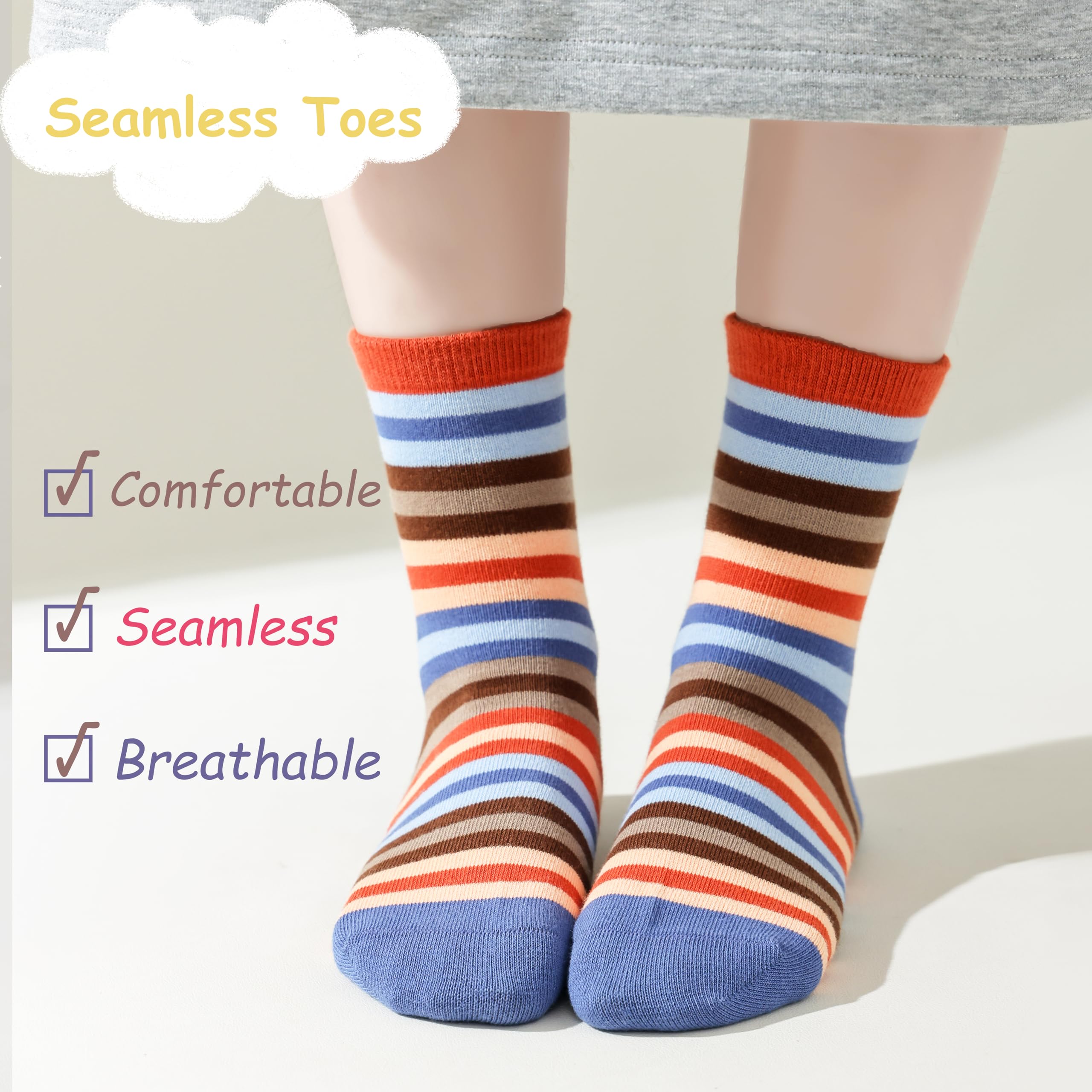 Marchare Girls Seamless Cotton Crew Socks for Kids - 5 Pack Rainbow Stripes Casual & School Socks - Soft, Comfortable Everyday Wear for Play, Sports & Classroom