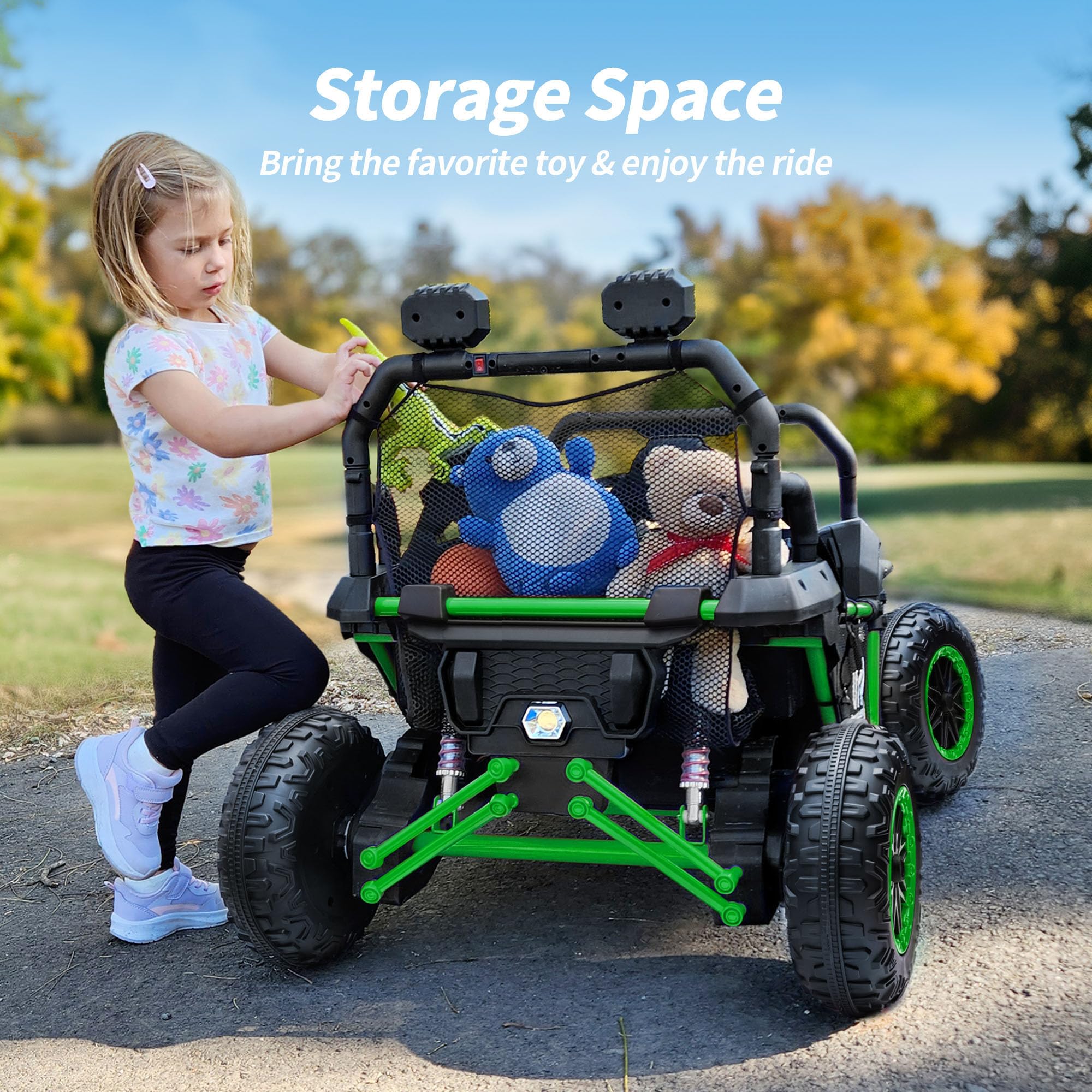 12V 4WD Kids Ride-On Car with Remote Control & Bluetooth - 2 Seater UTV Toy for Children Ages 3-8, Includes Storage - Green | Perfect for Outdoor Play, Birthday Gifts & Backyard Adventures