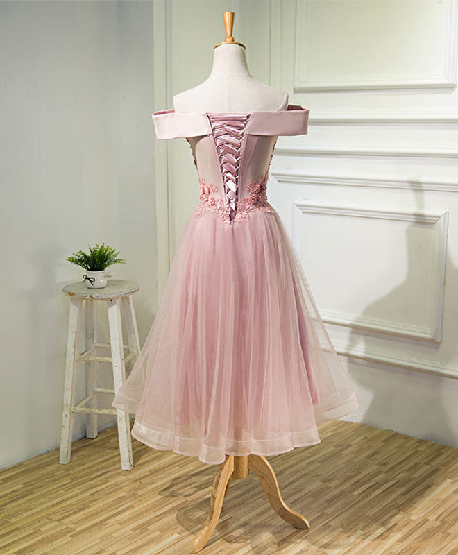 Elegant Pink A-Line Off-Shoulder Tea-Length Prom Dress with Lace Details - Perfect for Homecoming, Formal Dances & Special Occasions