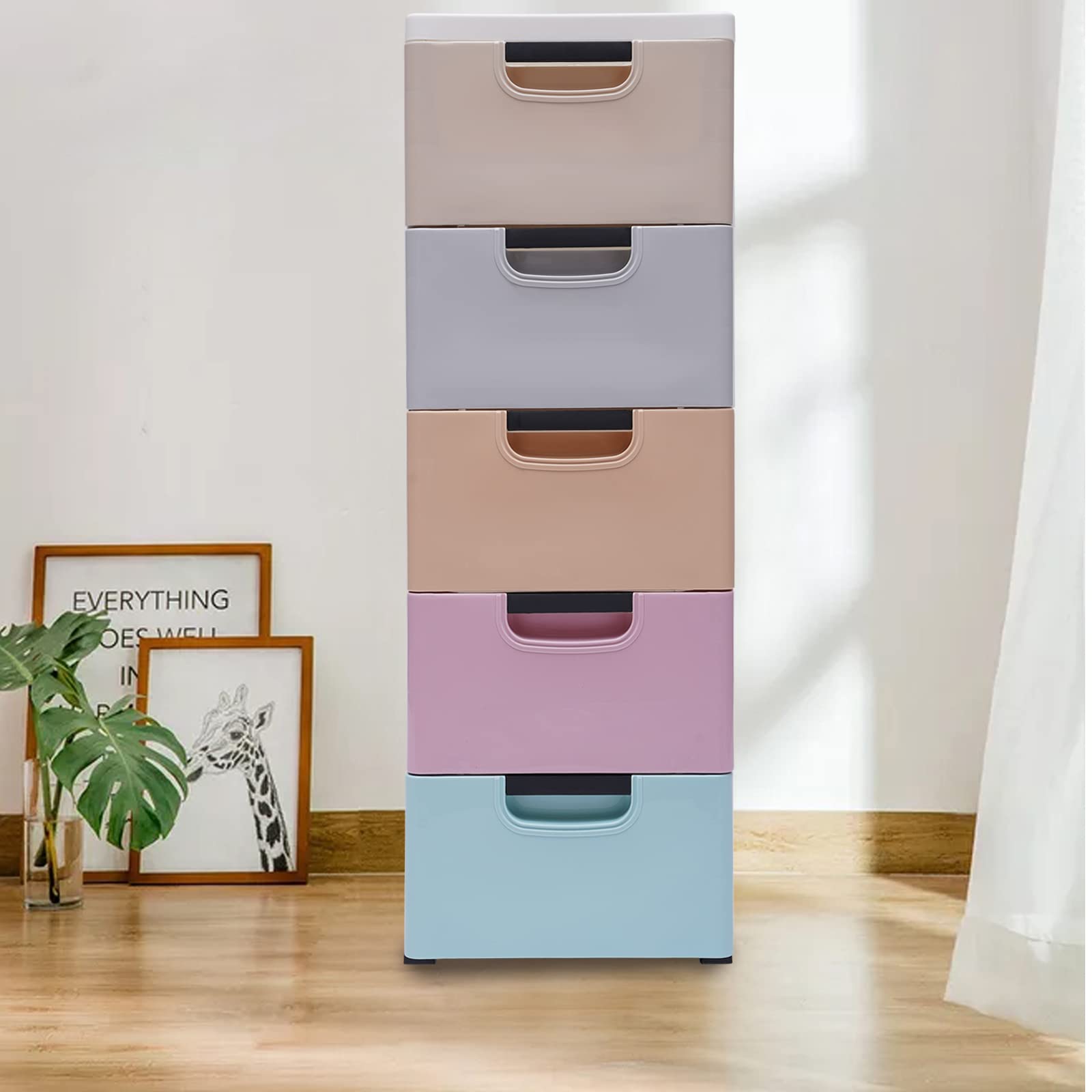 WOQLIBE 5-Drawer Plastic Dresser Organizer with Wheels - 16x12x33 Inch Light Elegant Storage Cabinet for Clothes, Bedroom & Playroom - Perfect for Home Organization & Kids' Toy Storage
