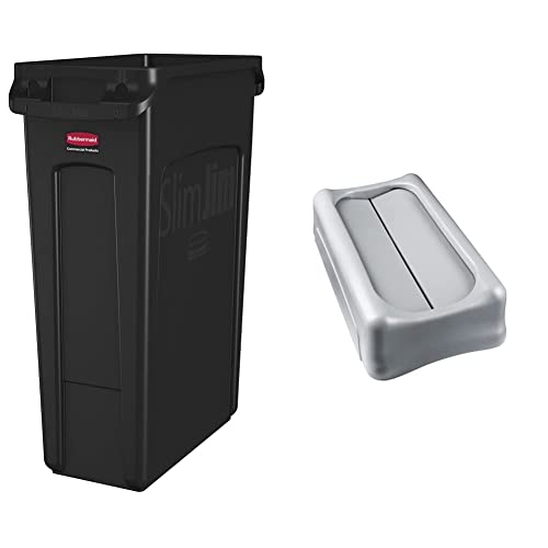 Rubbermaid Commercial Slim Jim Plastic Rectangular Trash Can with Venting Channels & Swing Lid - Durable Garbage Bin for Kitchen, Office, and Restaurants