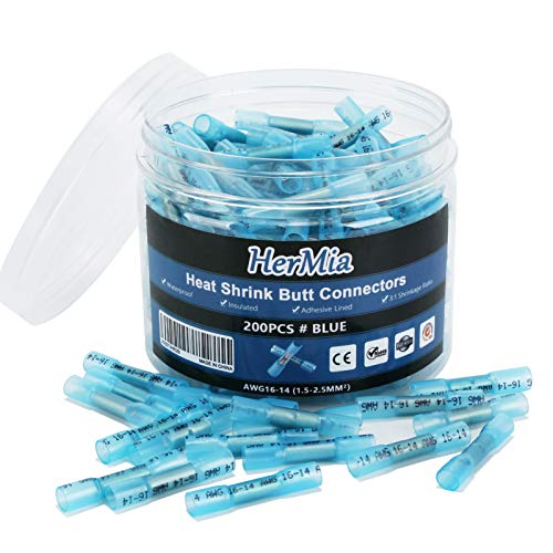 HerMia 200PCS Blue AWG 16-14 Heat Shrink Butt Connectors - Waterproof Insulated Electrical Wire Terminals for Marine, Automotive & DIY Projects - Copper Crimp Splice Kit for Secure Wiring Connections