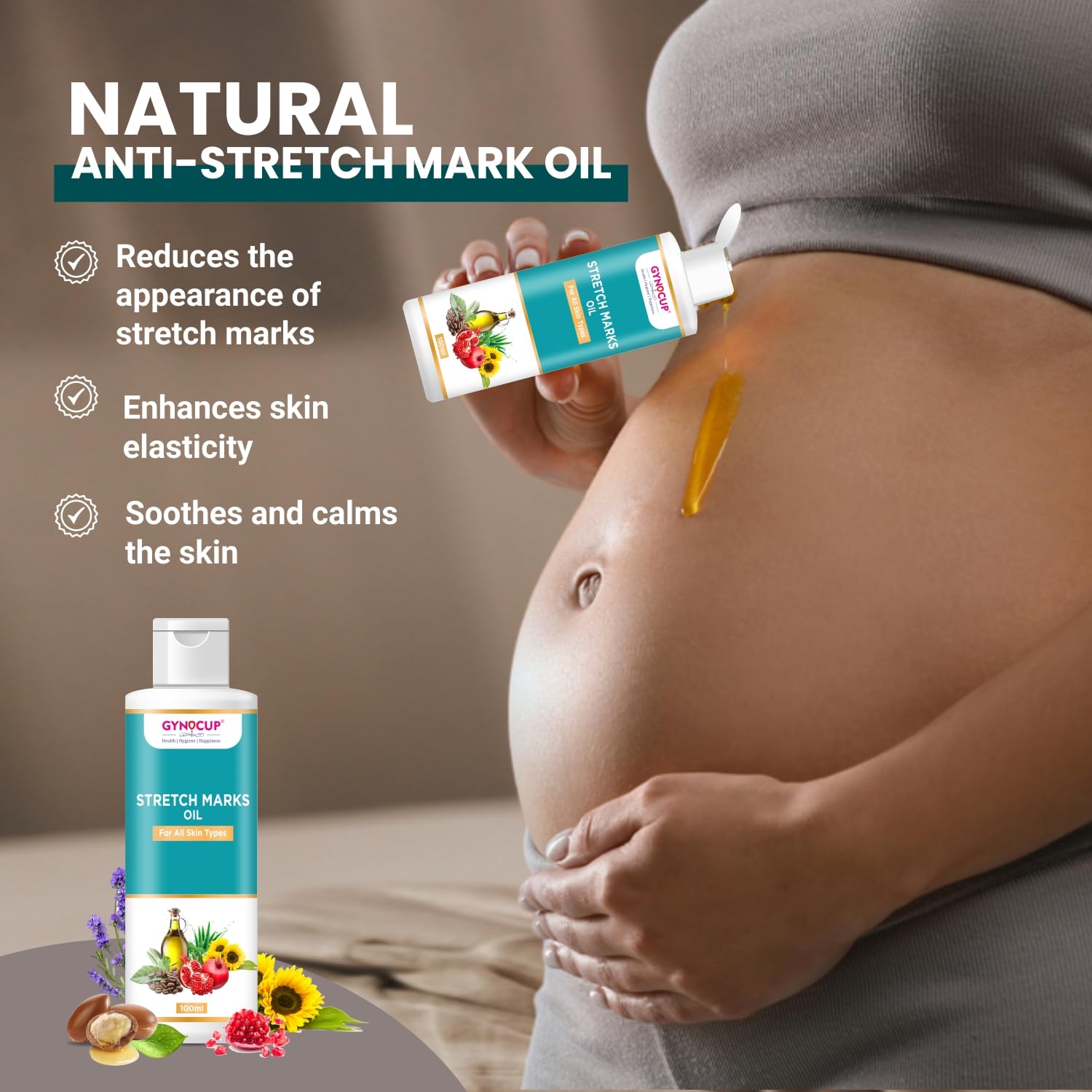 GYNOCUP Stretch Marks Removal Oil 100ml - Natural Pomegranate, Sunflower, Olive & Turmeric Oil for Pregnancy & Postpartum Care | Minimizes Stretch Marks, Improves Skin Elasticity & Scar Removal | Safe, Toxin-Free Body Oil for Expecting Mothers | Perfect for Daily Skincare Routine & Postpartum Recovery