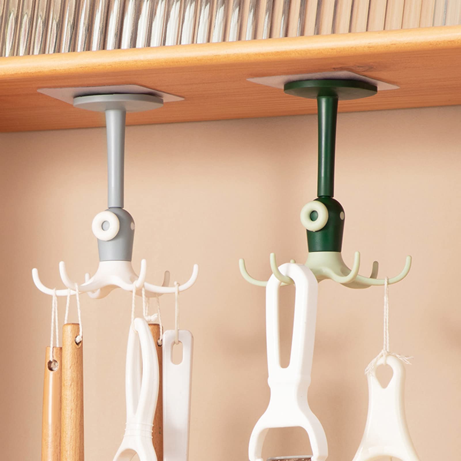 360° Rotatable Wall Mounted Kitchen Utensil Hanger with 6 Hooks - No Drilling Space Saving Folding Rack for Spoons, Spatulas & Cooking Tools (Gray) - Perfect for Small Kitchens, RVs & Apartments