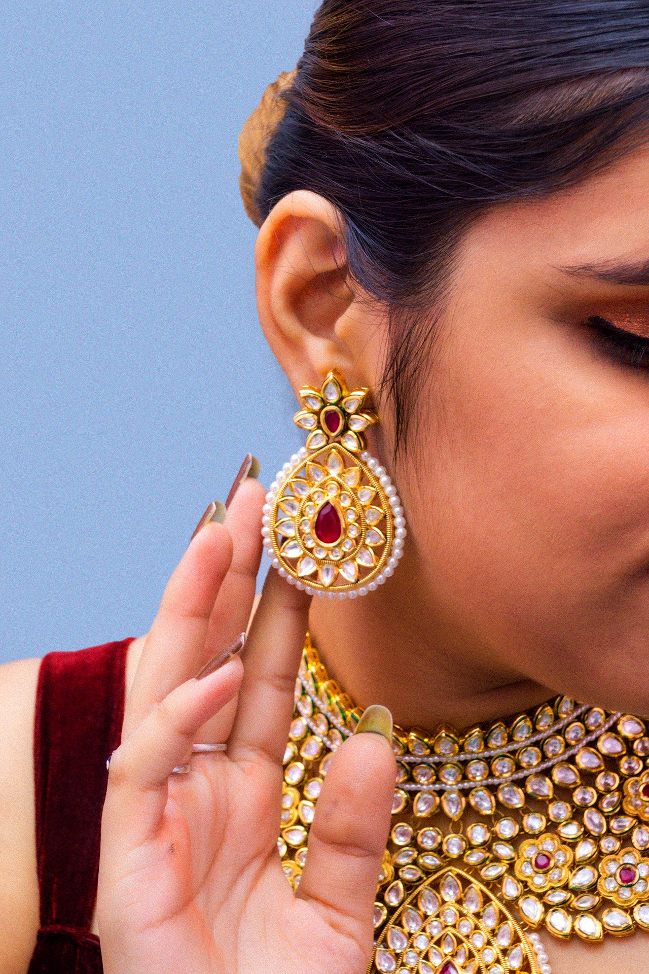 Exquisite Designer Gold Plated Royal Kundan Ruby Necklace & Earrings Set (D880) | Luxury Indian Jewelry for Weddings & Special Occasions
