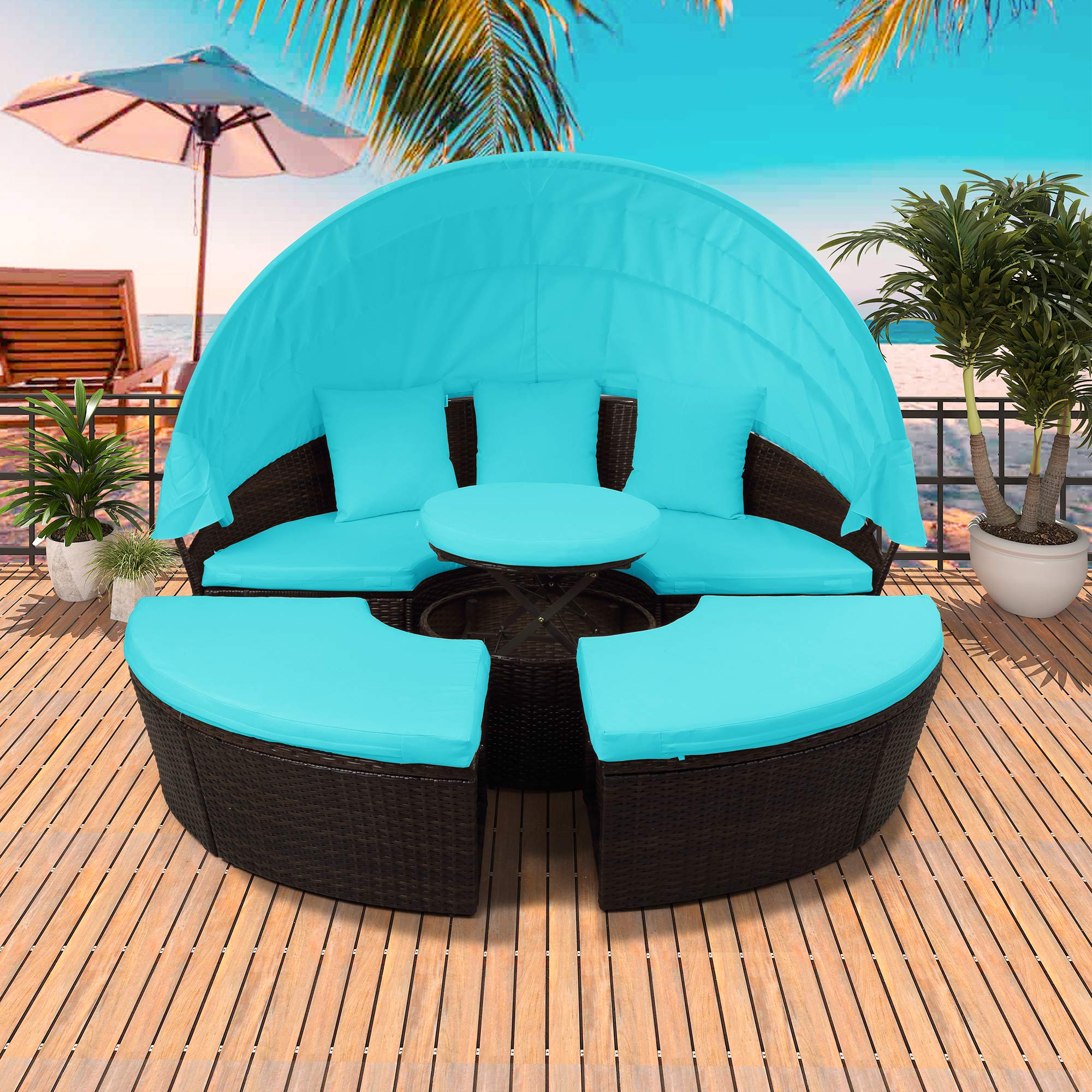 All-Weather Outdoor Patio Furniture Set - Rattan Round Sectional Sofa with Retractable Canopy, Daybed & Removable Cushions (Blue) - Perfect for Poolside Lounging, Garden Relaxation & Backyard Gatherings