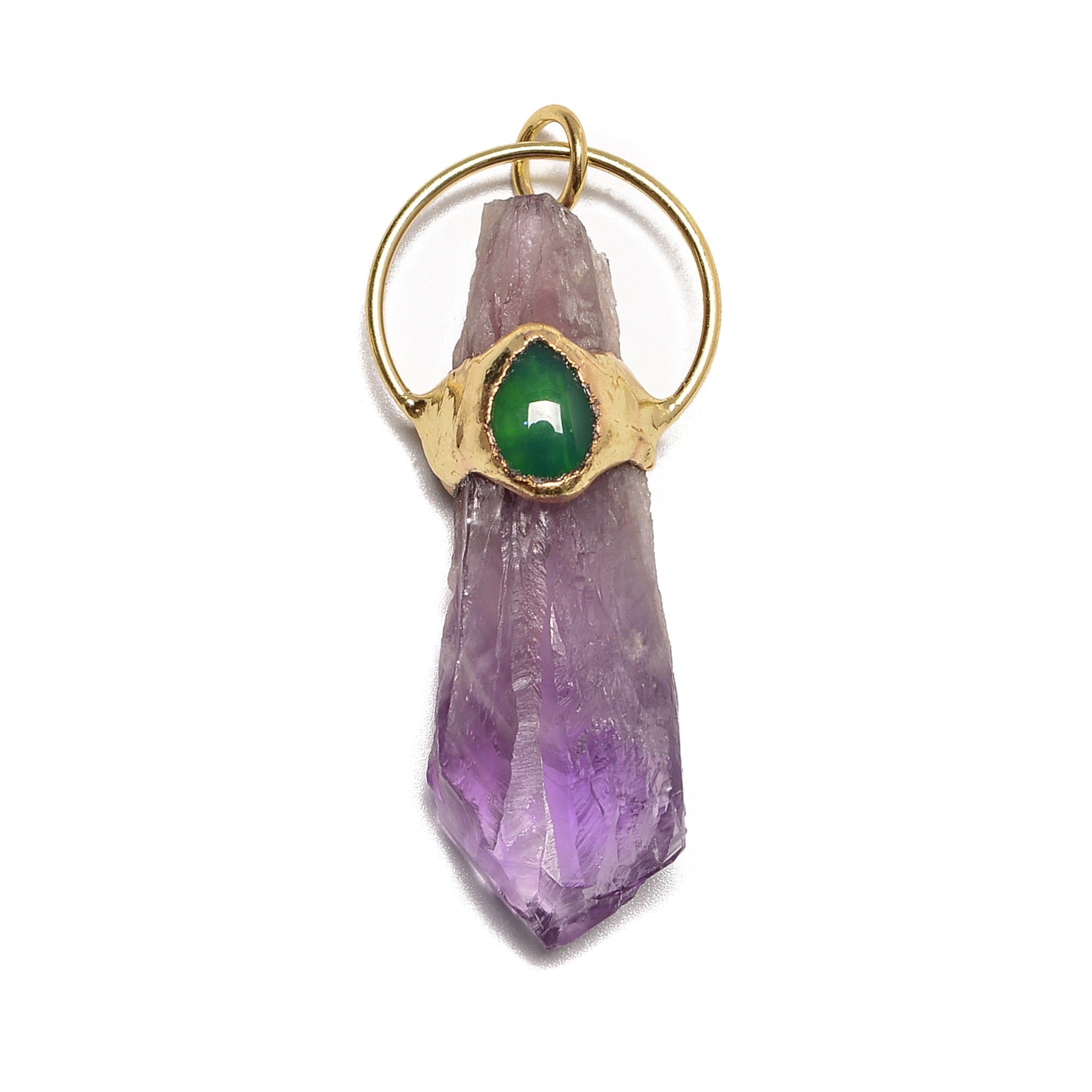 55-65mm Amethyst Gold Plated Wrapped Point Pendant with Green Agate - Elegant Spiritual Jewelry for Meditation, Healing & Energy Work