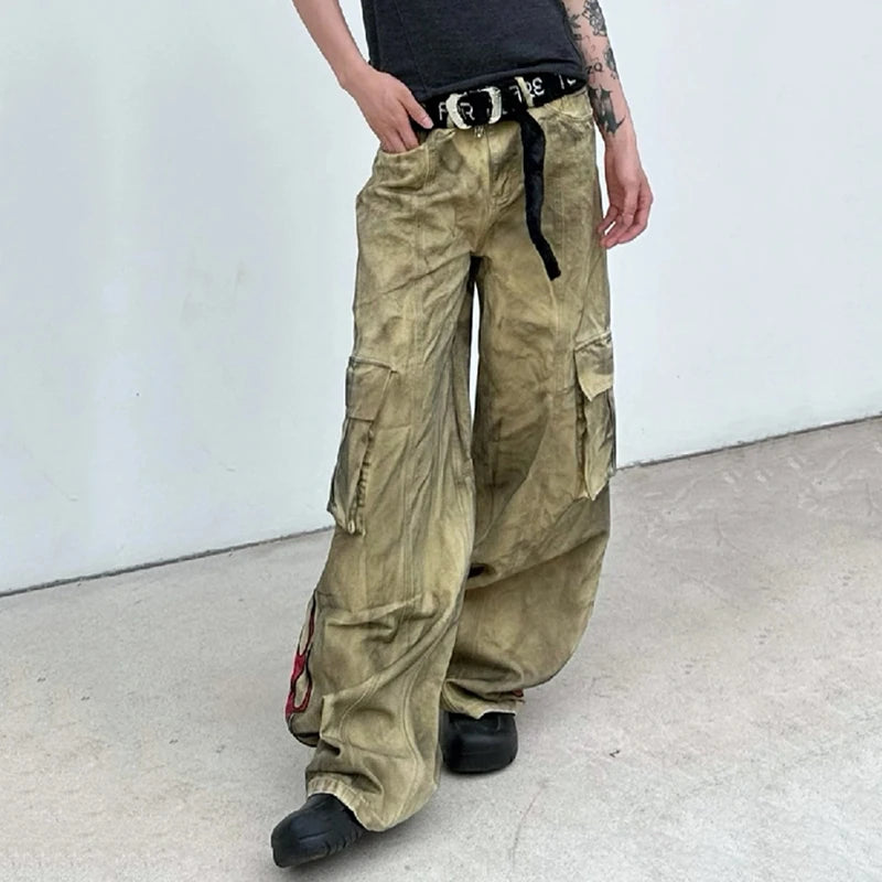 American Style Men's Distressed Denim Jeans with Flame Print & Large Pockets - Straight Leg Overalls for Summer Fashion | Casual Wear, Street Style, Outdoor Activities
