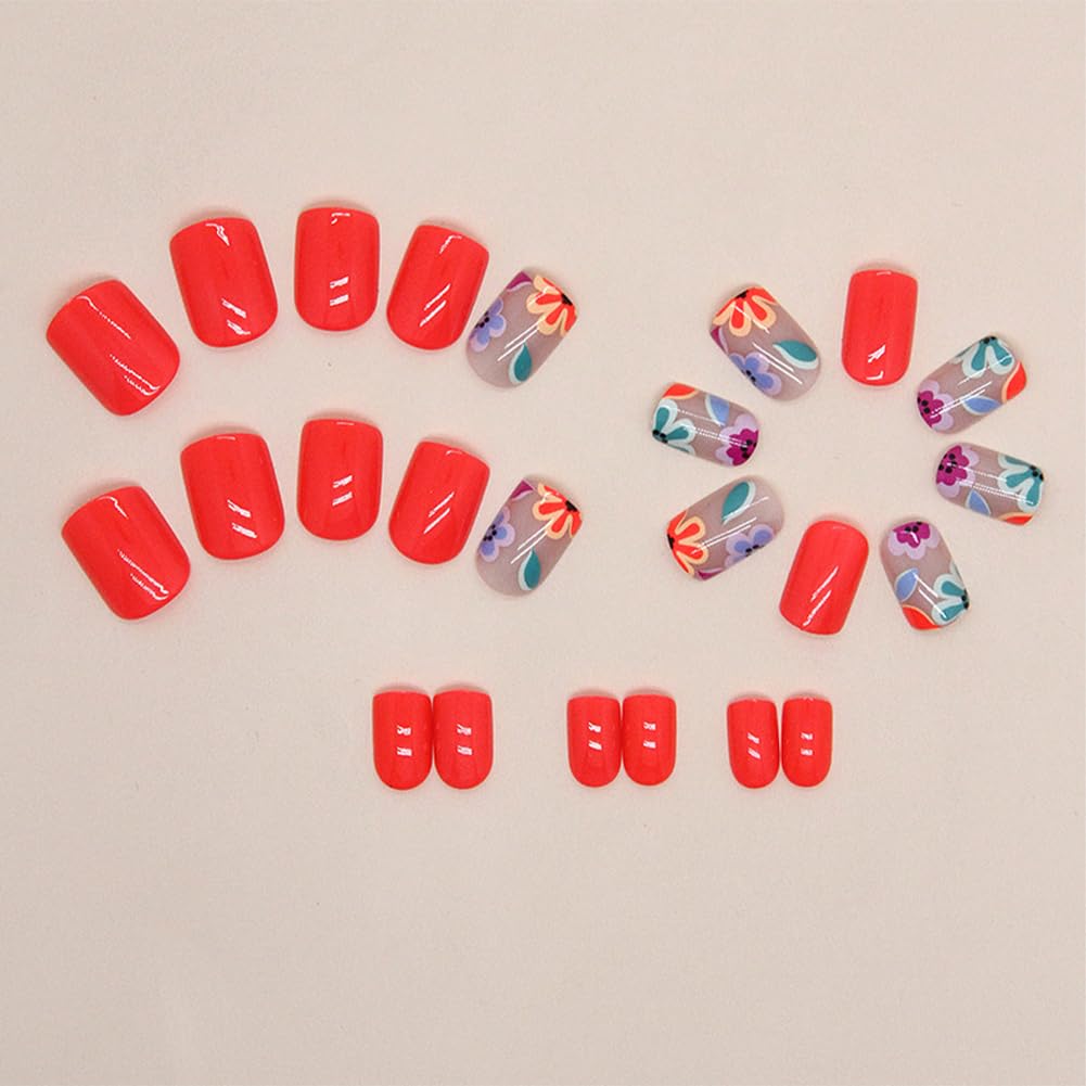 24Pcs Short Square Press on Nails - Red Glossy Fake Nails with Cute Flower Designs, Acrylic Artificial Stick on Nails for Women & Girls | Perfect for Parties, Weddings & Daily Wear