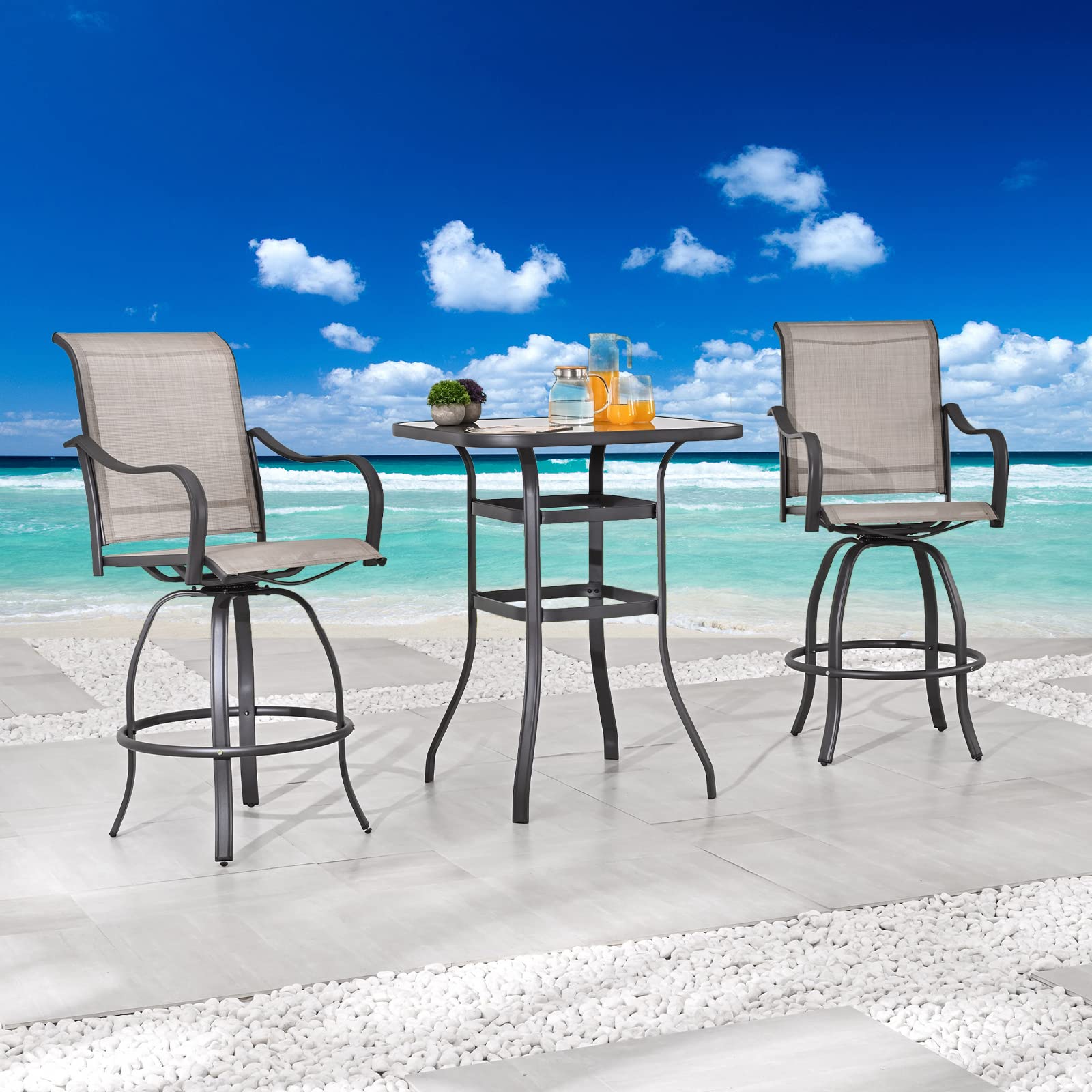 360° Swivel Bar Height Patio Bistro Set - 3-Piece Outdoor Furniture with Tempered Glass Table & Light Grey Chairs for Deck, Garden, or Poolside Relaxation