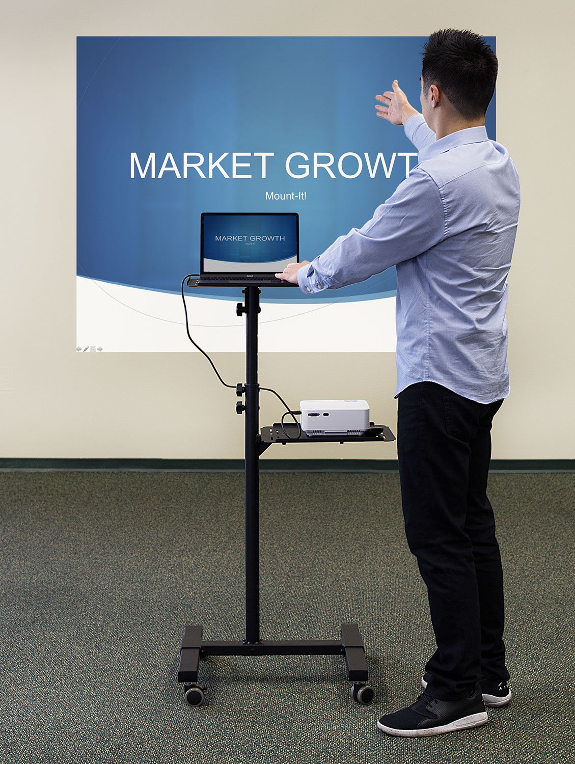 Mount-It! Heavy Duty Adjustable Height Mobile Projector Stand with 2 Shelves & Ventilated Tray - Rolling Laptop & Projector Cart for Office Presentations, Classroom Teaching, Home Theater Setup - Black