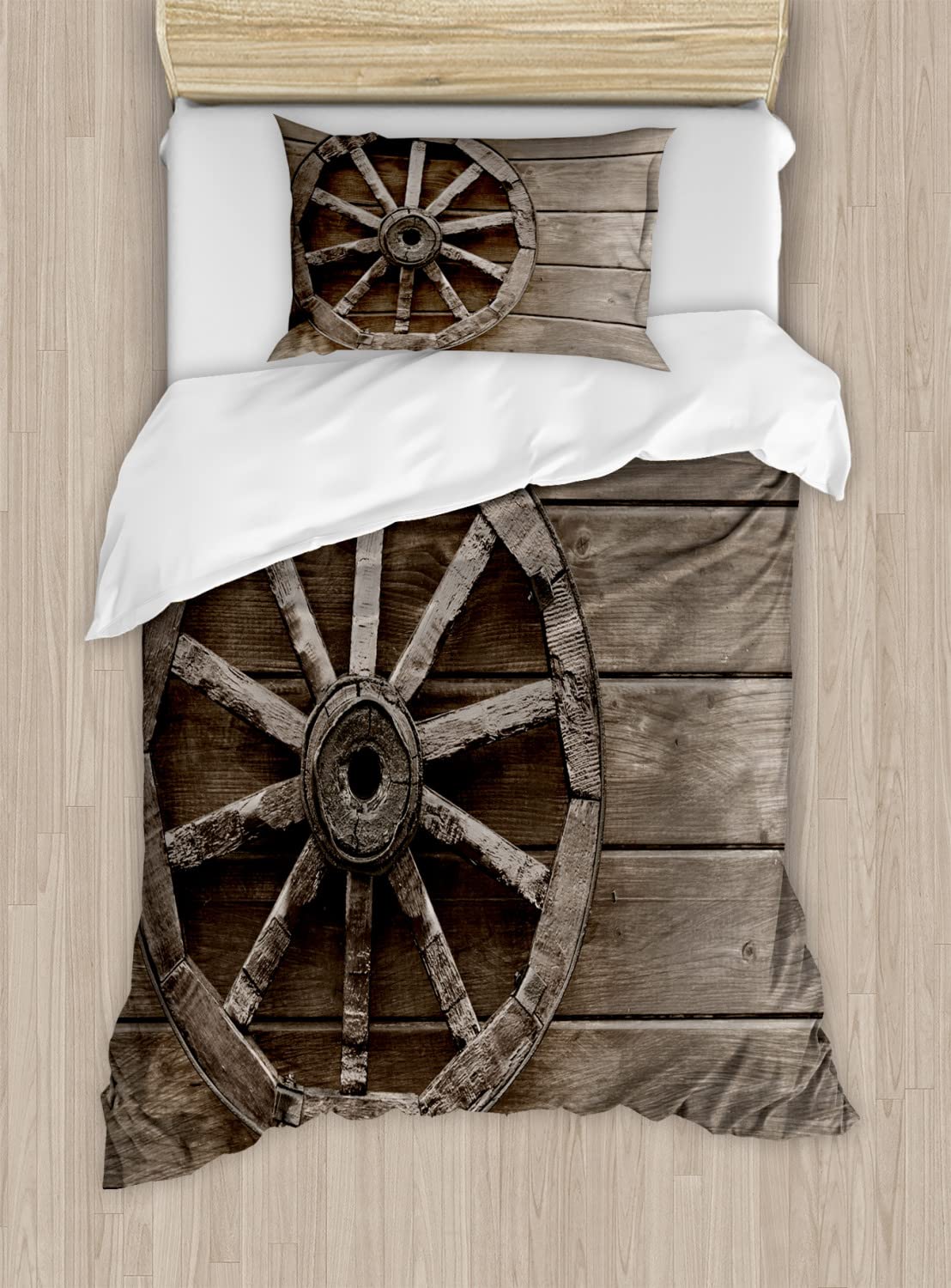 Ambesonne Vintage Barn Wood Wagon Wheel Duvet Cover Set - King Size 2-Pack with 4 Pillowcases | Western Farmhouse Style Bedding | Perfect for Rustic Cabin, Ranch, or Country Themed Bedrooms