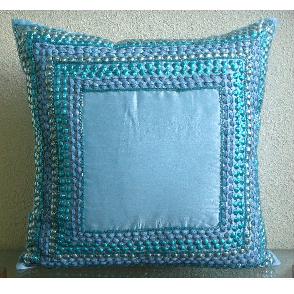 Premium Aqua Blue Silk Euro Pillow Sham 26x26 Inch - Luxurious Sequin Embellished Bordered Pillow Cover for Bedroom Decor, Sofa Throw Pillow, Easter & Holiday Home Celebration Decorations