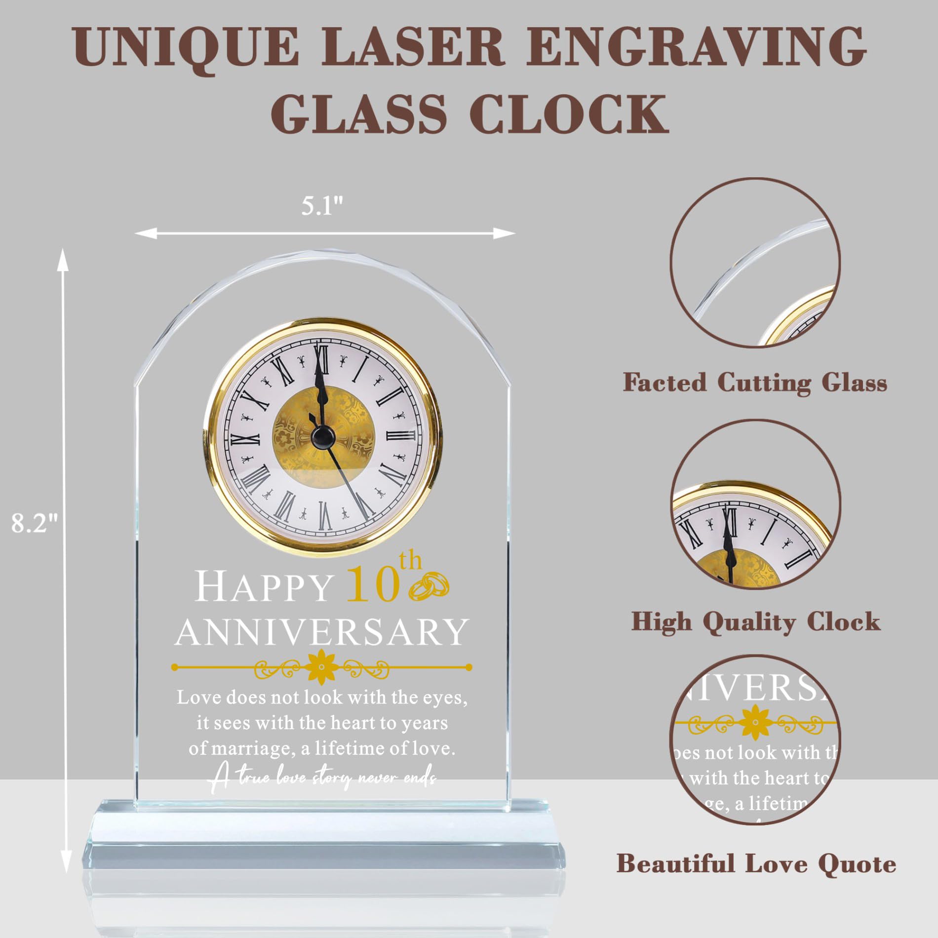 10th Wedding Anniversary Gift - Elegant Glass Quartz Clock for Couples, Him & Her - 10 Years of Marriage Keepsake - Perfect Anniversary Decor for Husband or Wife - Ideal for Home, Office, or Romantic Gift Giving