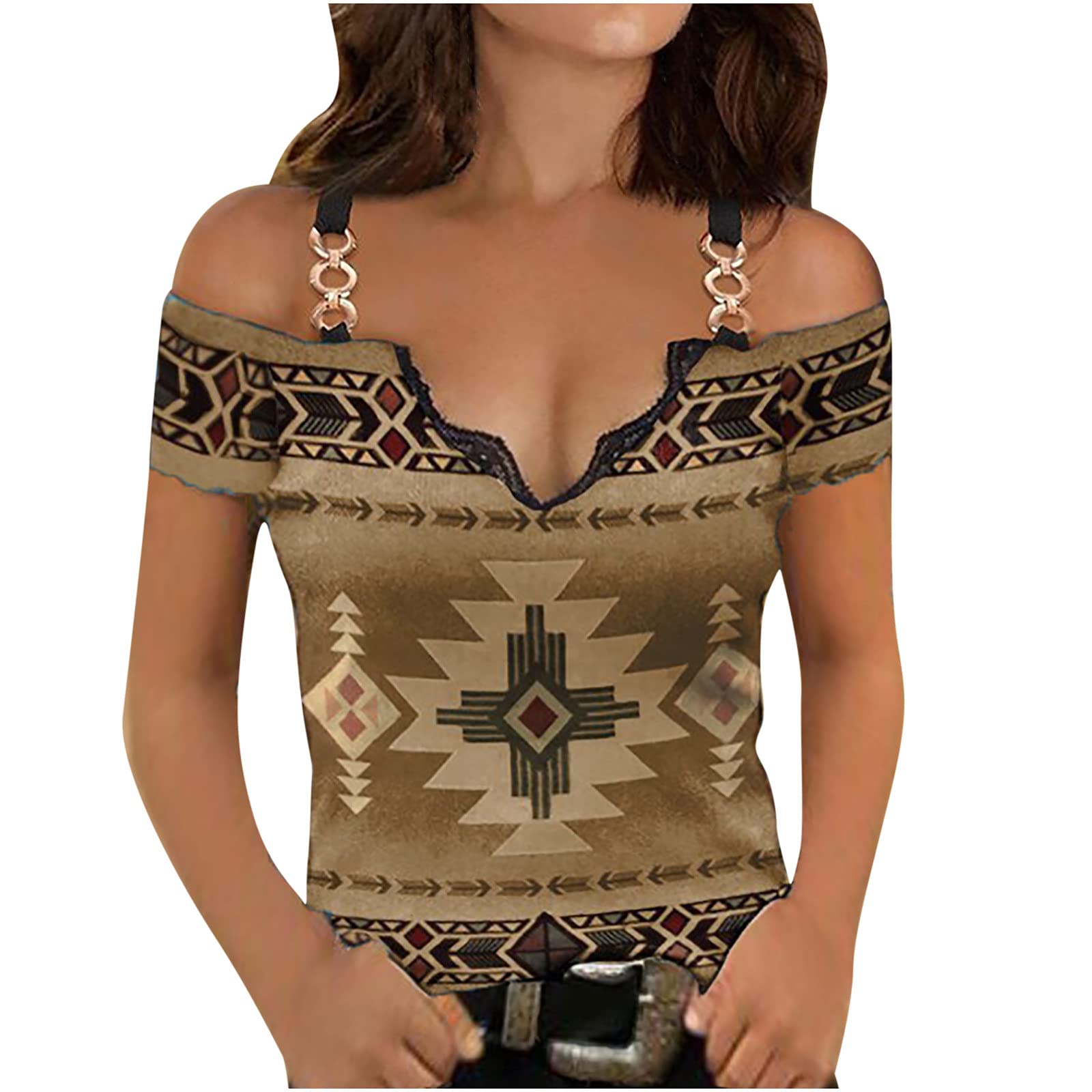 Women's Off Shoulder Chain Strap Novelty Print Sleeveless V-Neck Tank Top - Casual Summer Blouse for Beach, Party & Date Night