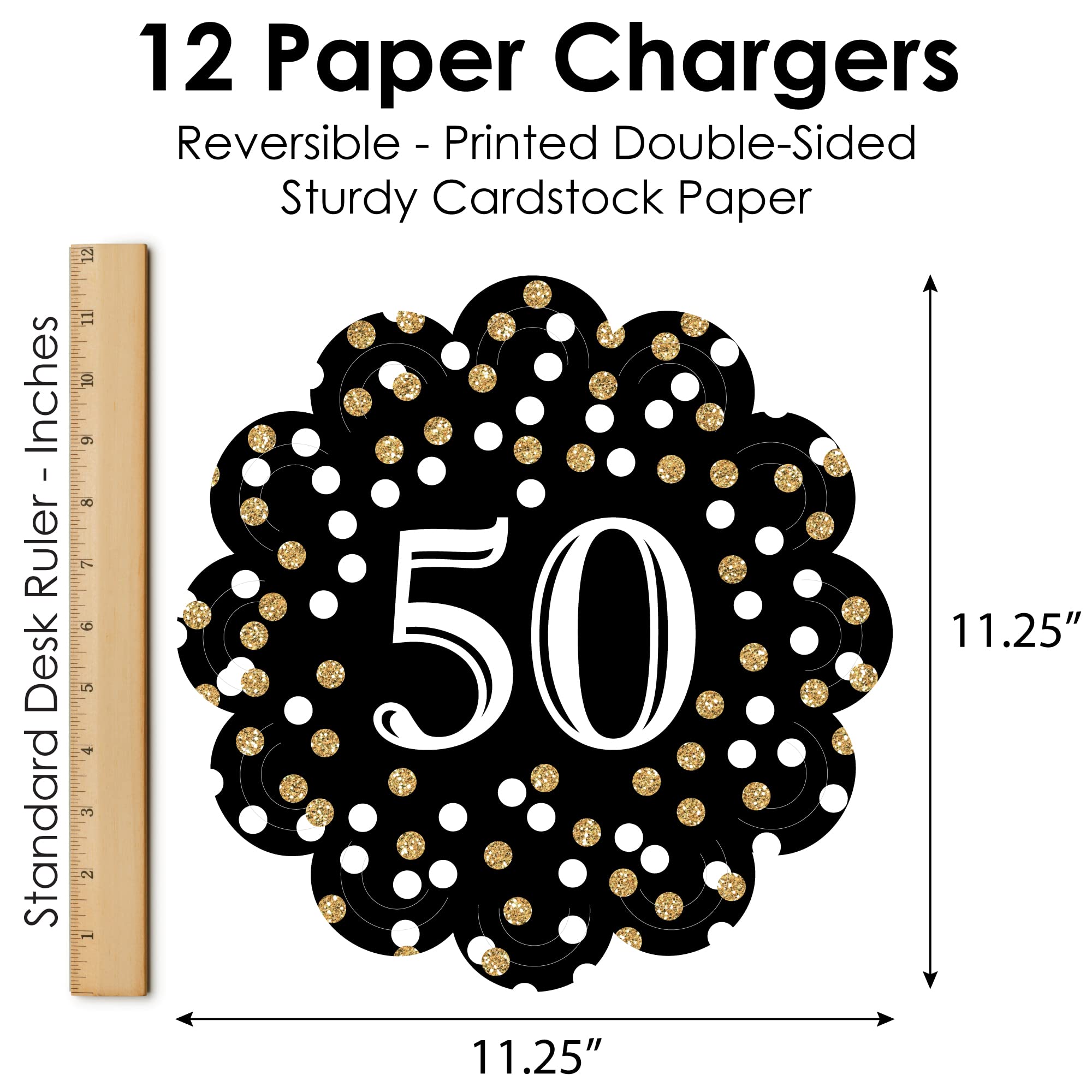 Big Dot of Happiness Gold 50th Birthday Party Decorations - Round Table Paper Chargers - Set of 12 Place Settings for Elegant Adult Celebrations & Milestone Events