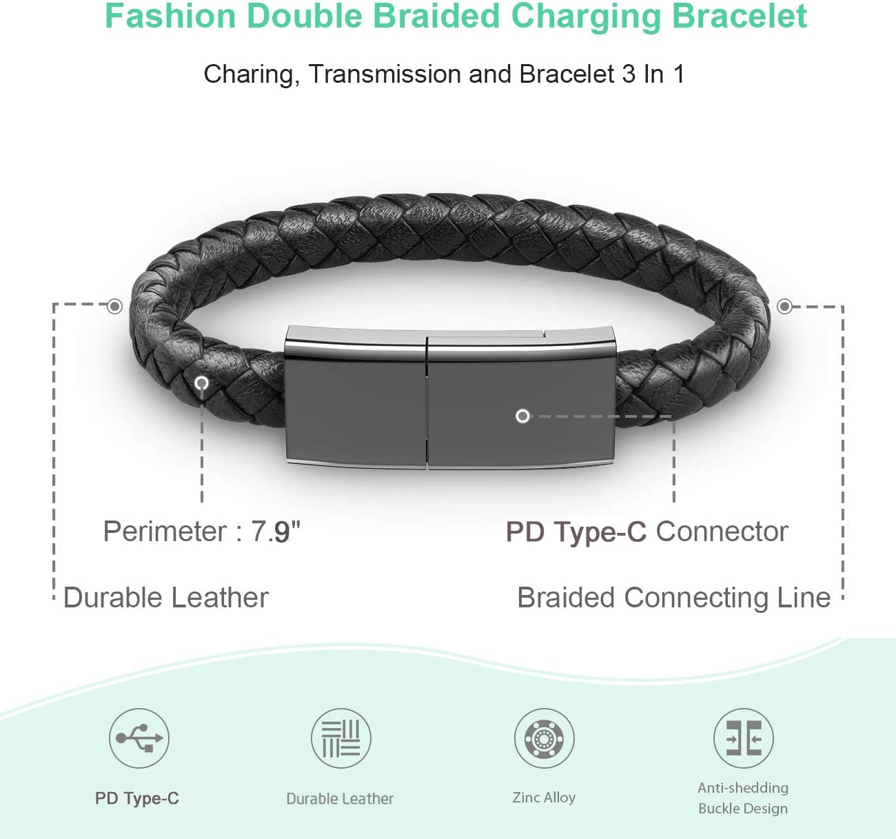 Premium USB C to USB C Charging Cable - 22.5cm Short Braided Leather Bracelet Style for Samsung/Huawei/LG/Google Android - Perfect for Travel, Office & On-the-Go Charging