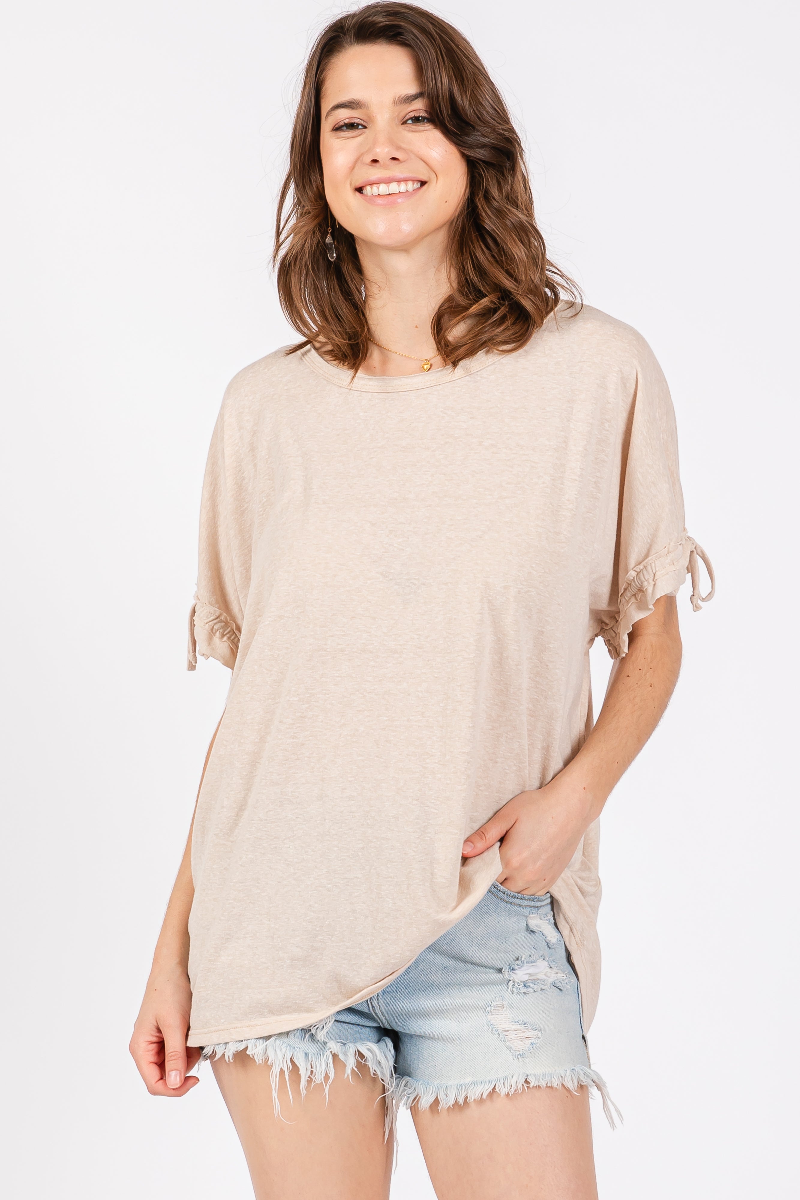Beige Drawstring Dolman Sleeve Tunic Top for Women - Casual Loose Fit Blouse with Elastic Waist - Perfect for Layering, Lounge Wear & Boho Outfits