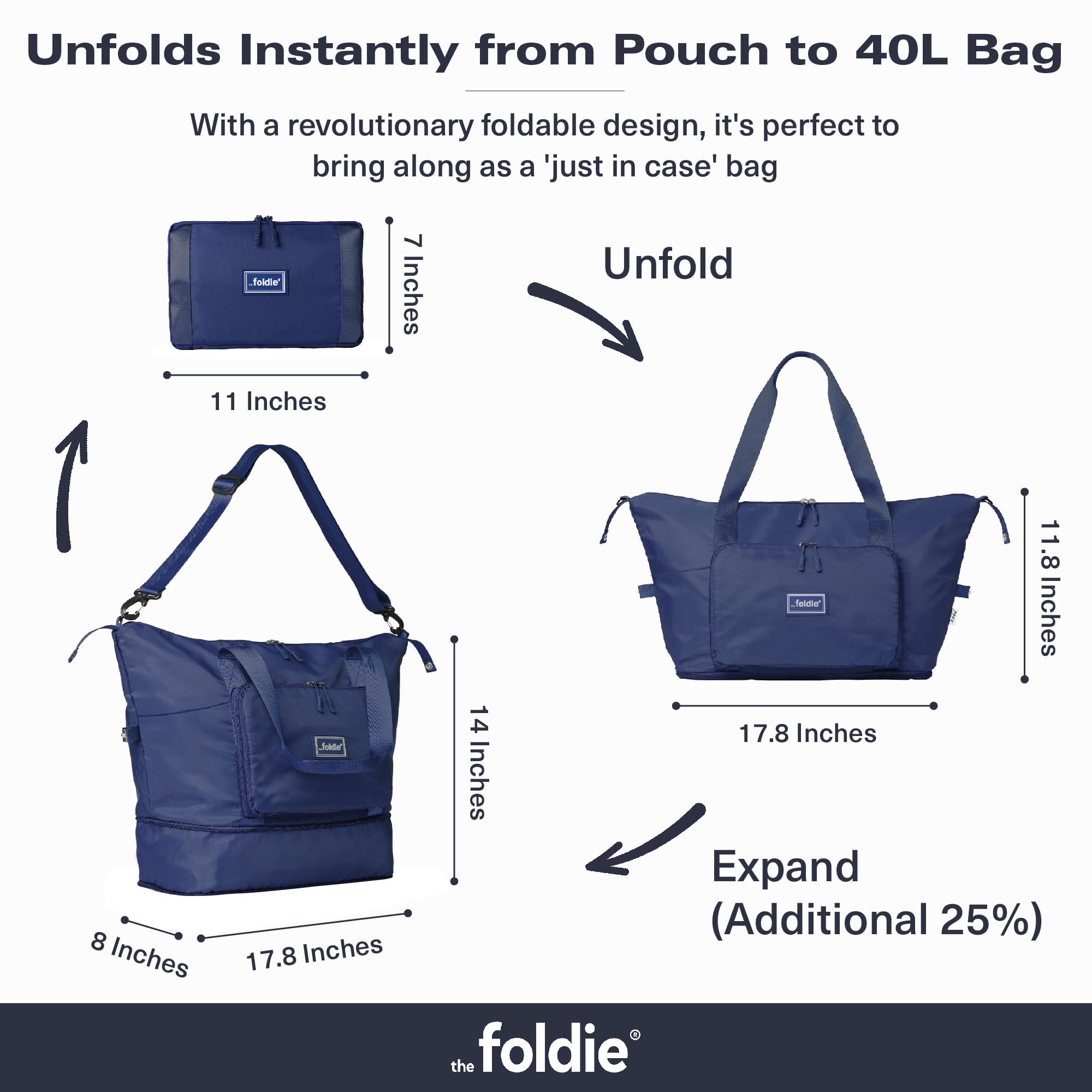 The Foldie® Foldable Travel Tote Bag for Women - Lightweight Weekender Bag with Pockets, Perfect for Gym, Beach & Airplane Travel | Carry-On Essentials & Overnight Trips