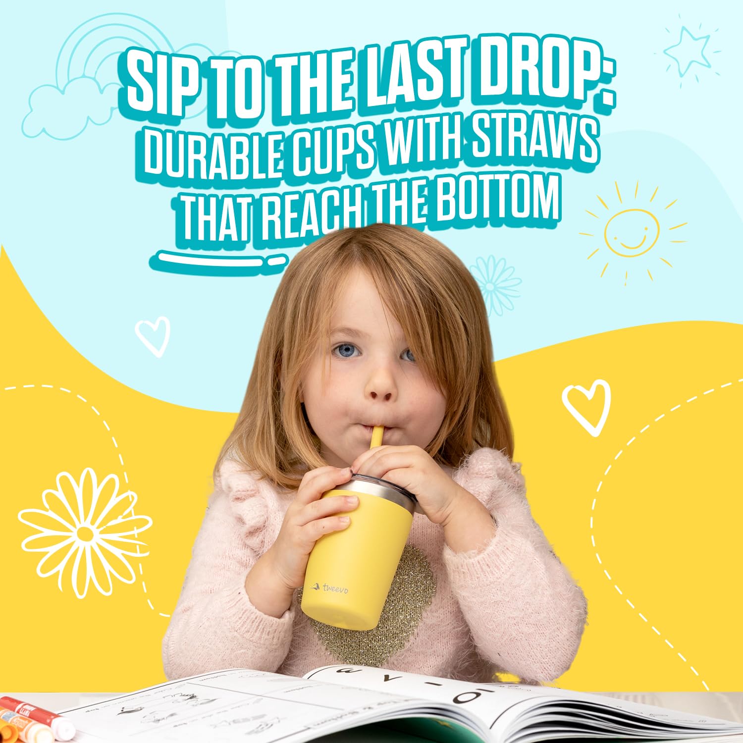 Tweevo 8.5oz Stainless Steel Kids Tumblers with Spill-Proof Screw Lids - Insulated Toddler Cups with Straws & Cleaning Brush - BPA-Free Baby Water Bottles for Boys Girls (Yellow & Blue) - Perfect for School, Travel, and Outdoor Activities