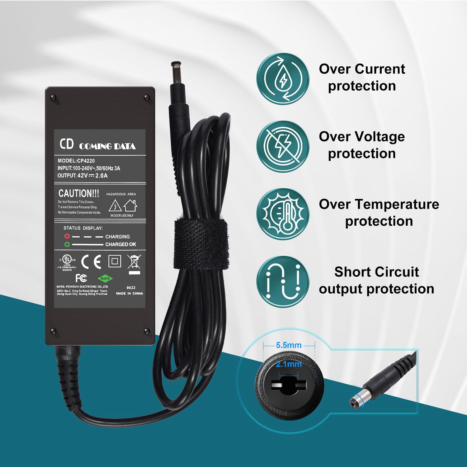 42V 2A Fast Charger for 36V Lithium Battery - Universal Electric Bike Charger with 1-Prong Plug | Compatible with eBikes, Electric Bicycles, Scooters & Pocket Mods | Perfect for Commuting, Outdoor Adventures & Urban Travel