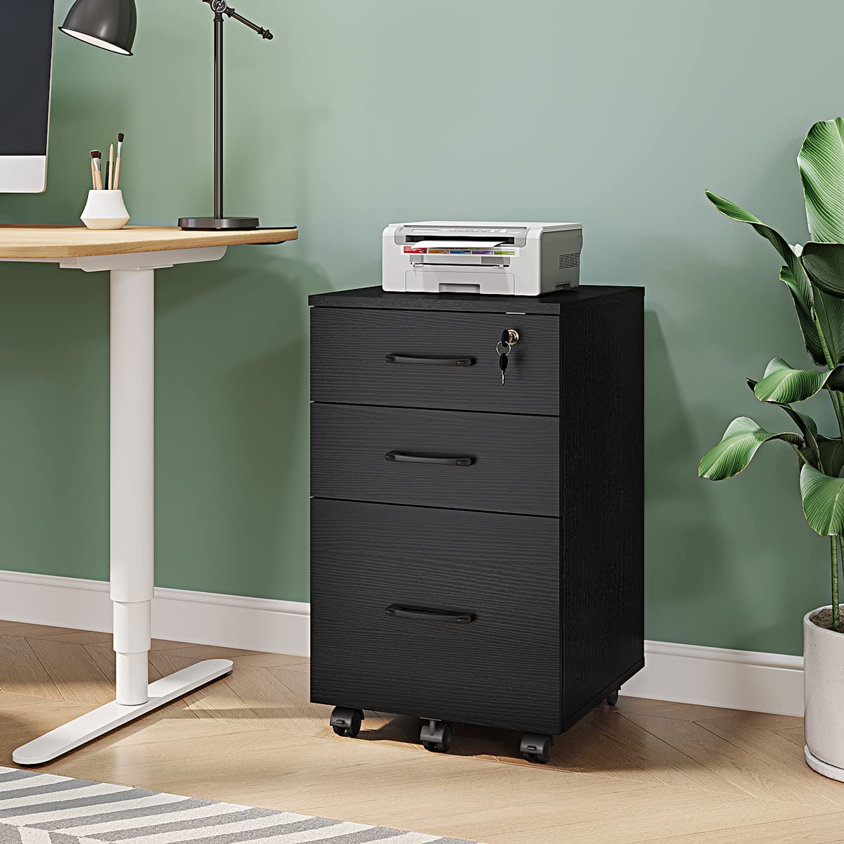 Panana 3-Drawer Wooden Rolling File Cabinet - Compact Under Desk Storage Organizer for Home Office, Black | Perfect for Document Storage & Workspace Organization