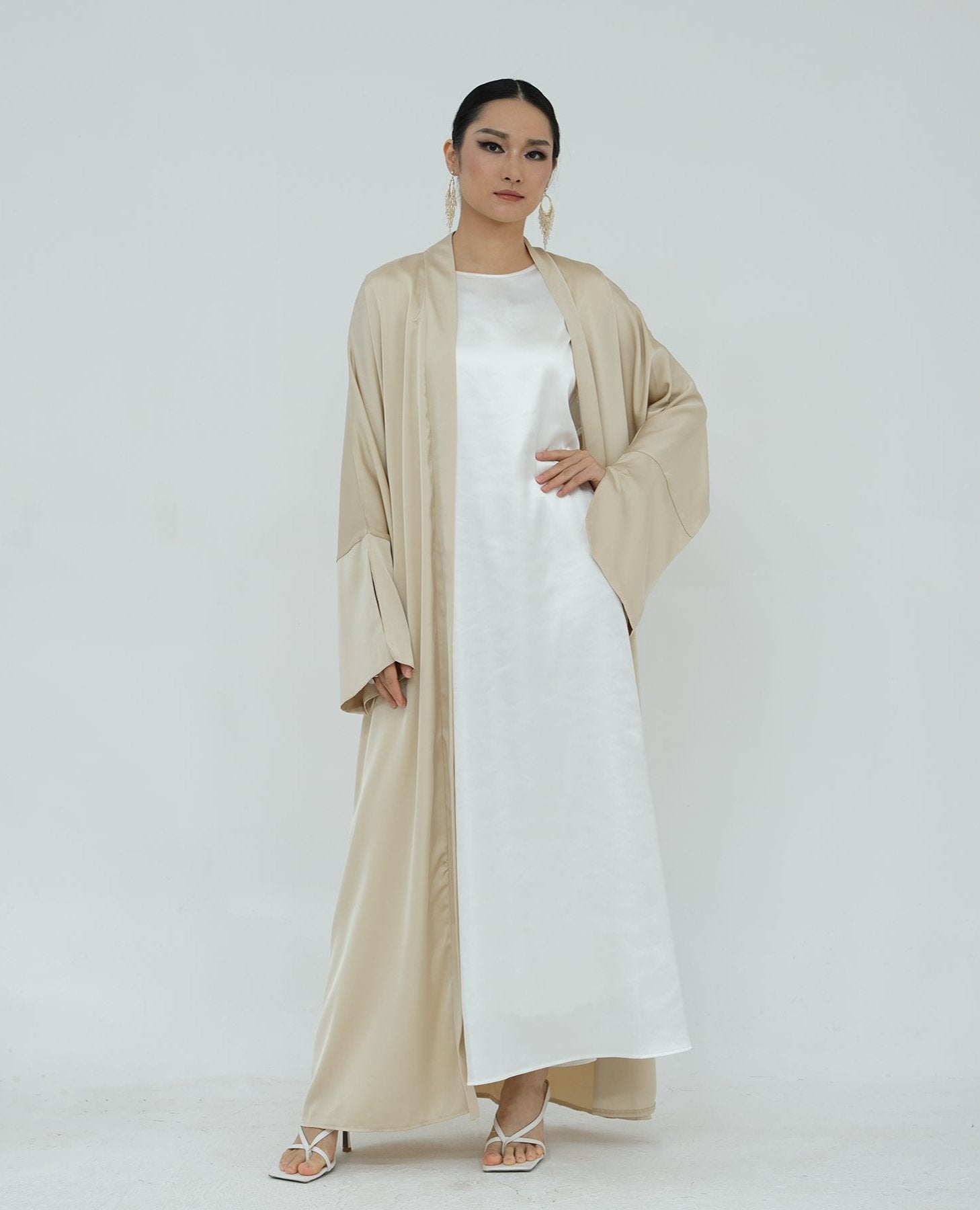 Lavinia Satin Open Abaya Beige - Elegant Muslim Prayer Dress for Women, Perfect for Mosque, Eid & Special Occasions