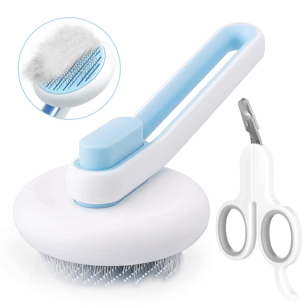 Marchul Self Cleaning Cat Brush - Slicker Brush for Removing Loose Undercoat & Pet Hair - Massaging Grooming Brush for Long & Short Hair Cats & Dogs - Includes Pet Nail Clippers (Blue) - Perfect for Daily Grooming & Shedding Control at Home
