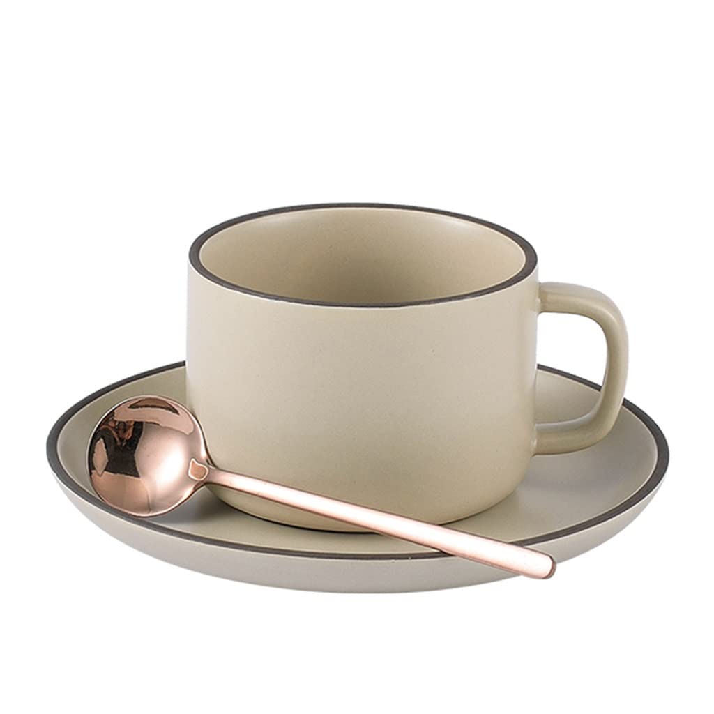 Premium Ceramic Coffee Mug and Saucer Set - 230ml (7.8 Oz) Tea Cup with Spoon - Durable Dishwasher Safe Cups for Home, Office or Gift - Classic One Color Design for Coffee, Tea & Hot Beverages