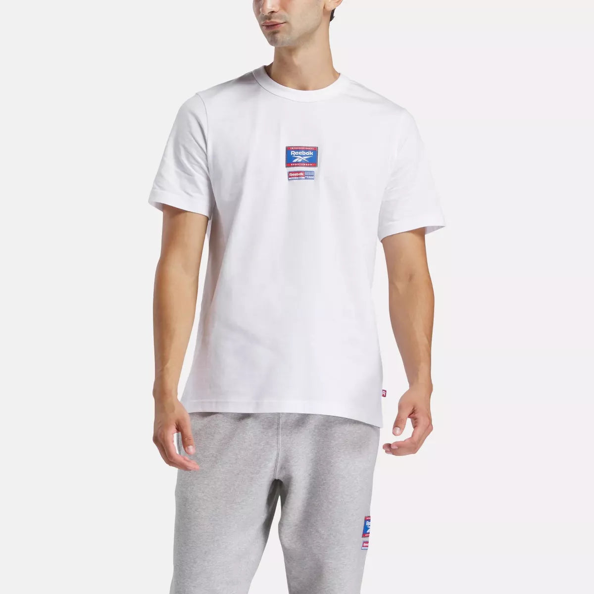 Reebok Men's Identity Badge White T-Shirt - Comfortable Cotton Crewneck Tee for Casual Wear, Gym & Everyday Outfits