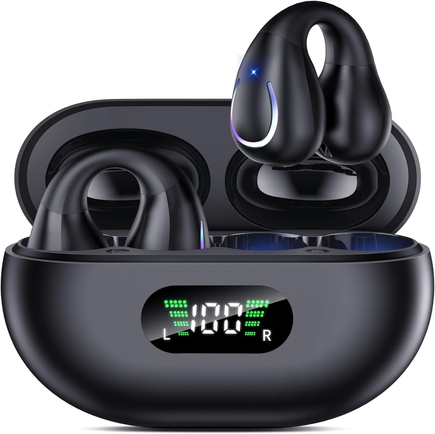 Open Ear Clip Wireless Earbuds Bluetooth 5.3 - Sports Earphones with Built-in Mic, Secure Ear Hooks & Wireless Charging Case - IPX7 Waterproof for Running, Cycling, Gym Workouts & Outdoor Activities