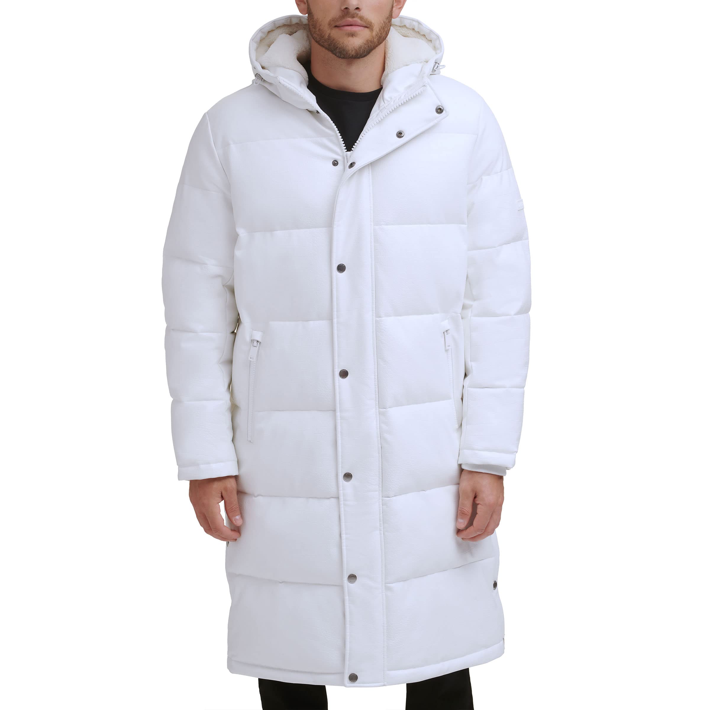 DKNY Men's Faux Leather Long Quilted Jacket - Stylish Winter Coat for Casual Outings & Date Nights