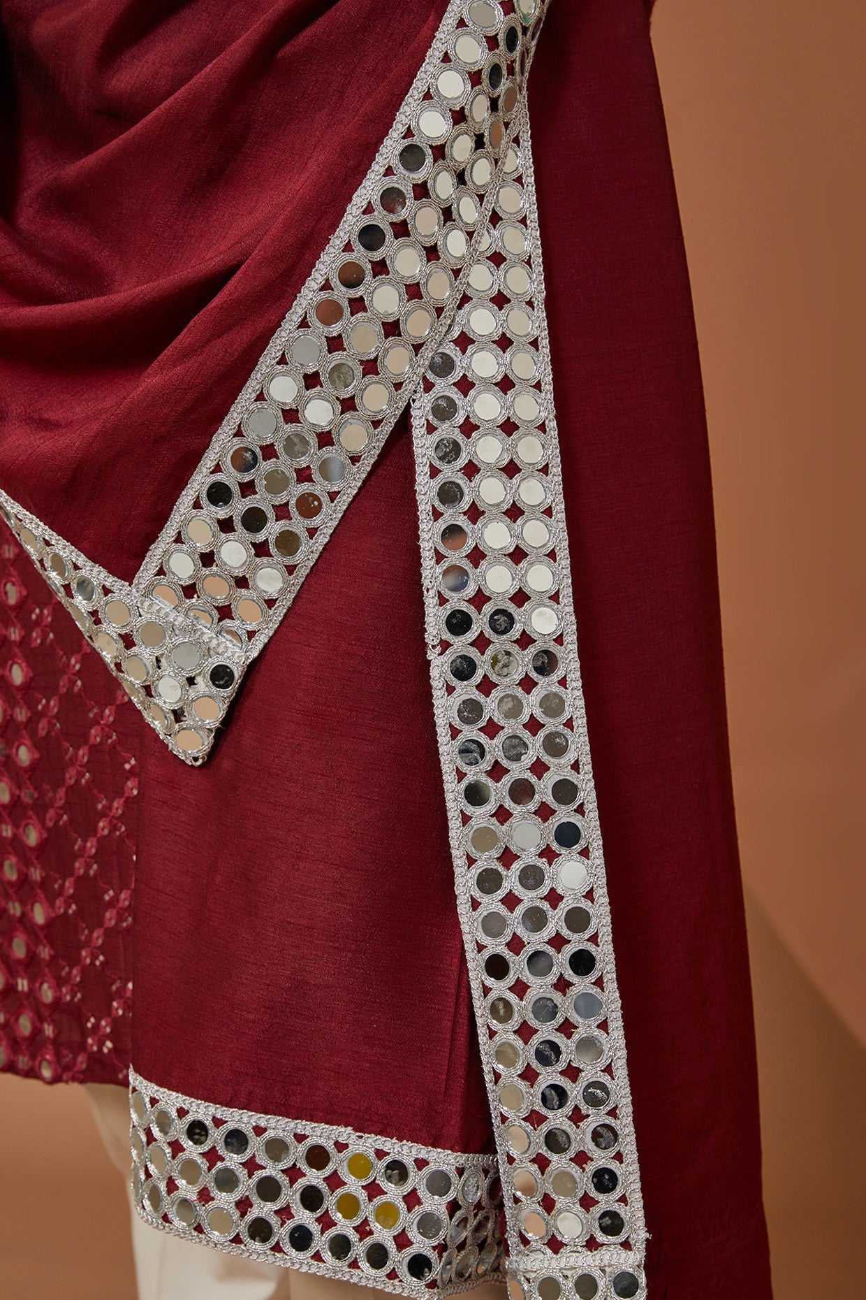 Elegant Mud Wine Mirror Work Kurta with Stole - Traditional Indian Embroidered Tunic for Women - Perfect for Festivals, Weddings & Special Occasions