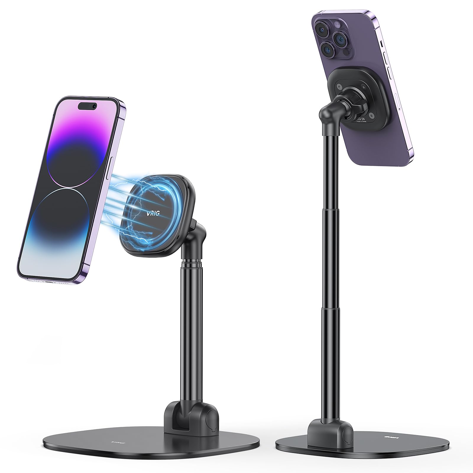 VRIG Magnetic Phone Stand for Desk - 360° Rotating Adjustable Height & Tilt Phone Holder with Magnetic Ring - Compatible with iPhone 14/13/12/11 & Android Phones - Perfect for Office, Home & Car Use
