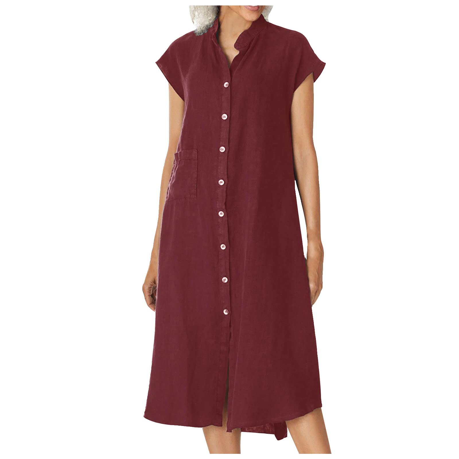 YZHM Women's Summer Casual Button Down Shirt Dress - Cotton Linen Kaftan with Stand Collar & Pocket - Loose Fit Boho Maxi Dress for Beach, Vacation & Everyday Wear
