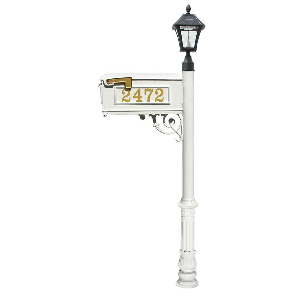 QualArc White Mailbox with Post - Vinyl Numbers, Support Brace & Ornate Base | Includes Black Bayview Solar Light | Perfect for Home, Garden & Driveway Decoration