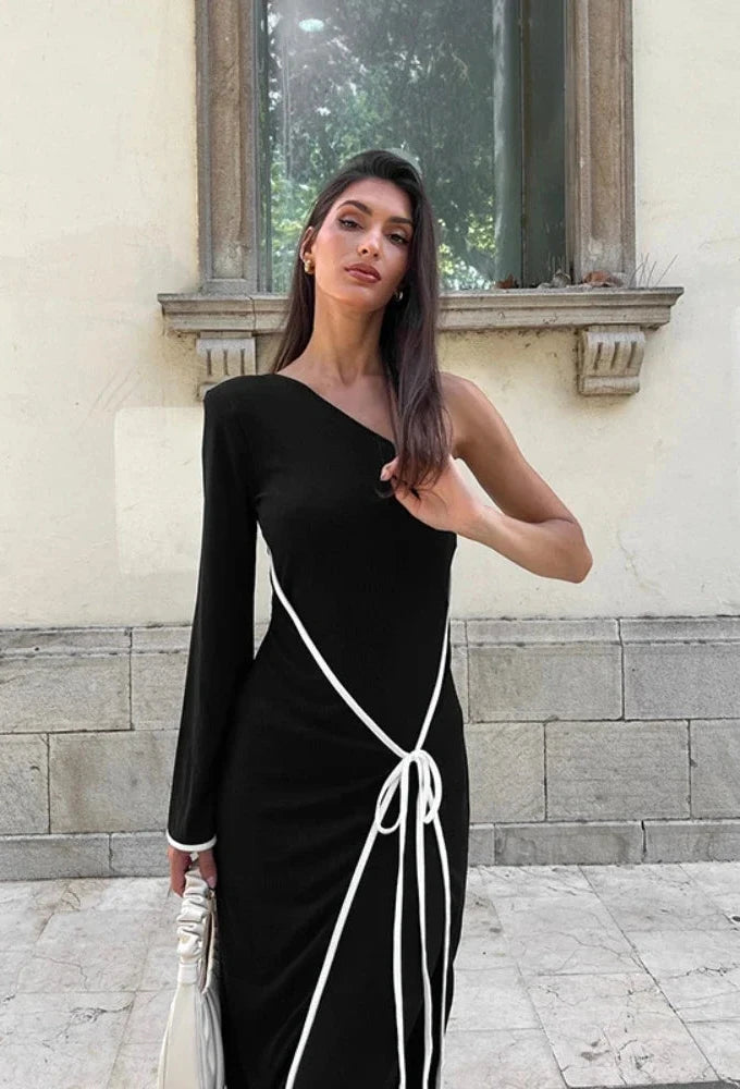 Elegant Black Asymmetrical Lace-Up One Shoulder Backless Long Dress for Women - 2024 Fall Fashion, Evening Gowns, Cocktail Party & Formal Occasions