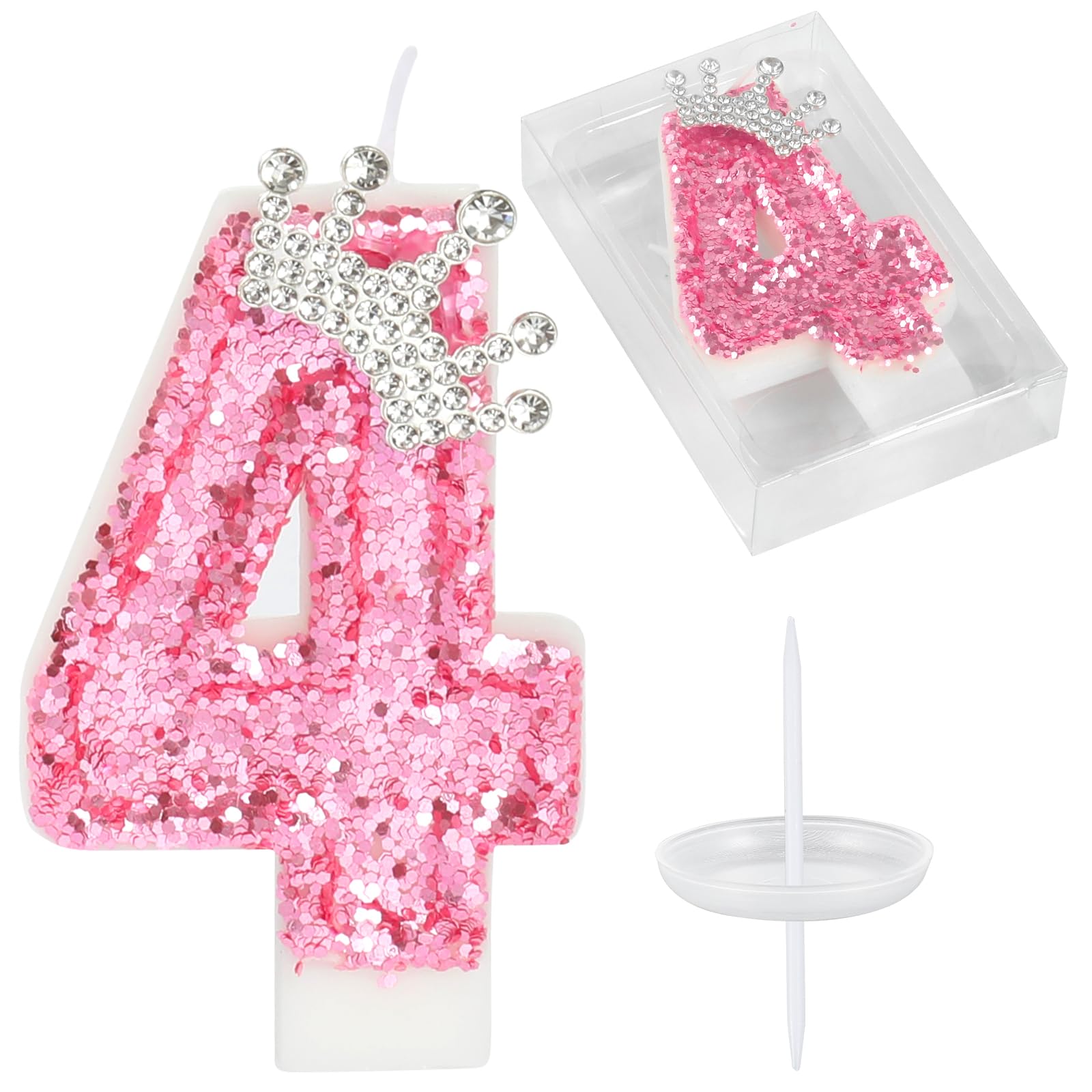 Pink Crown Birthday Candles - Glitter Number 4 Cake Topper for Girls & Women - Perfect for Anniversary & Birthday Celebrations